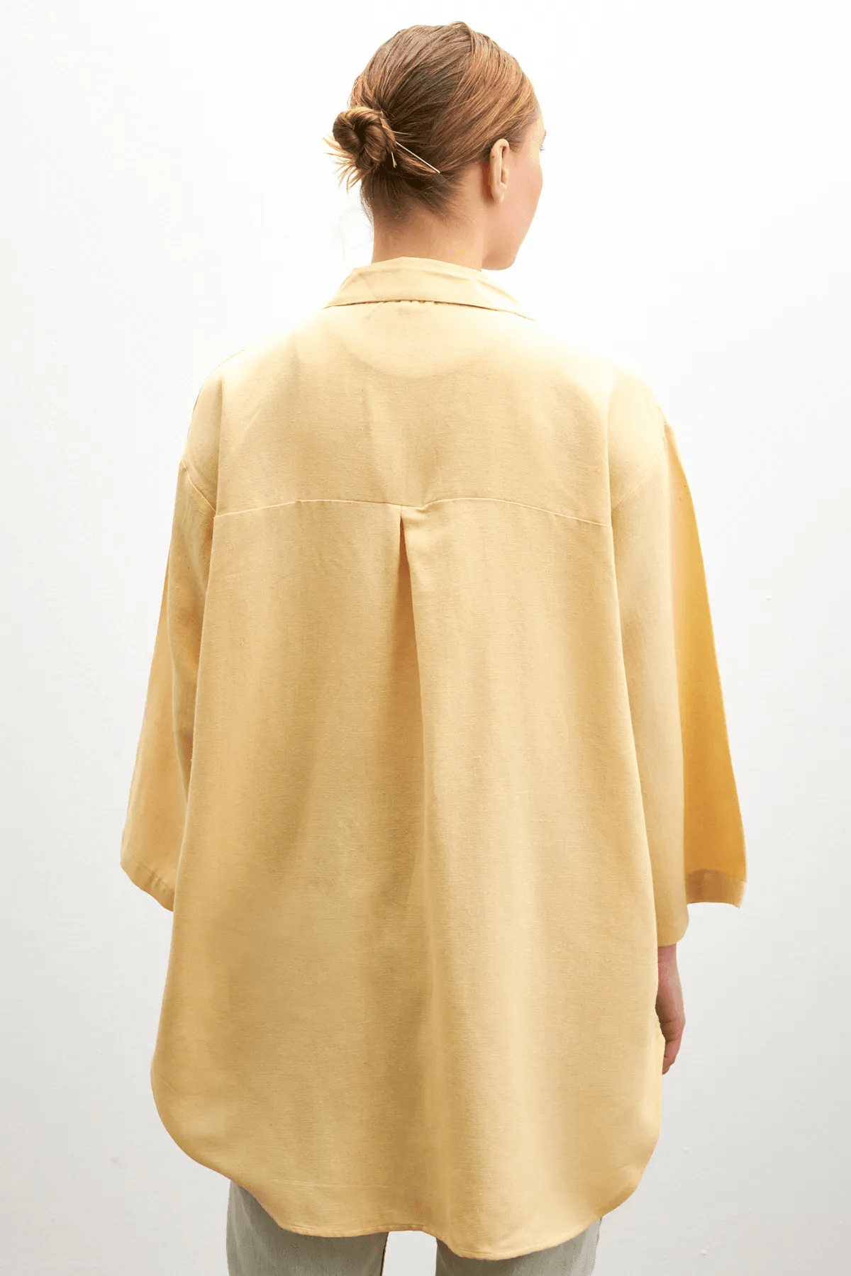 Pastel Sarı Bağlama Detaylı Flam Keten Kimono