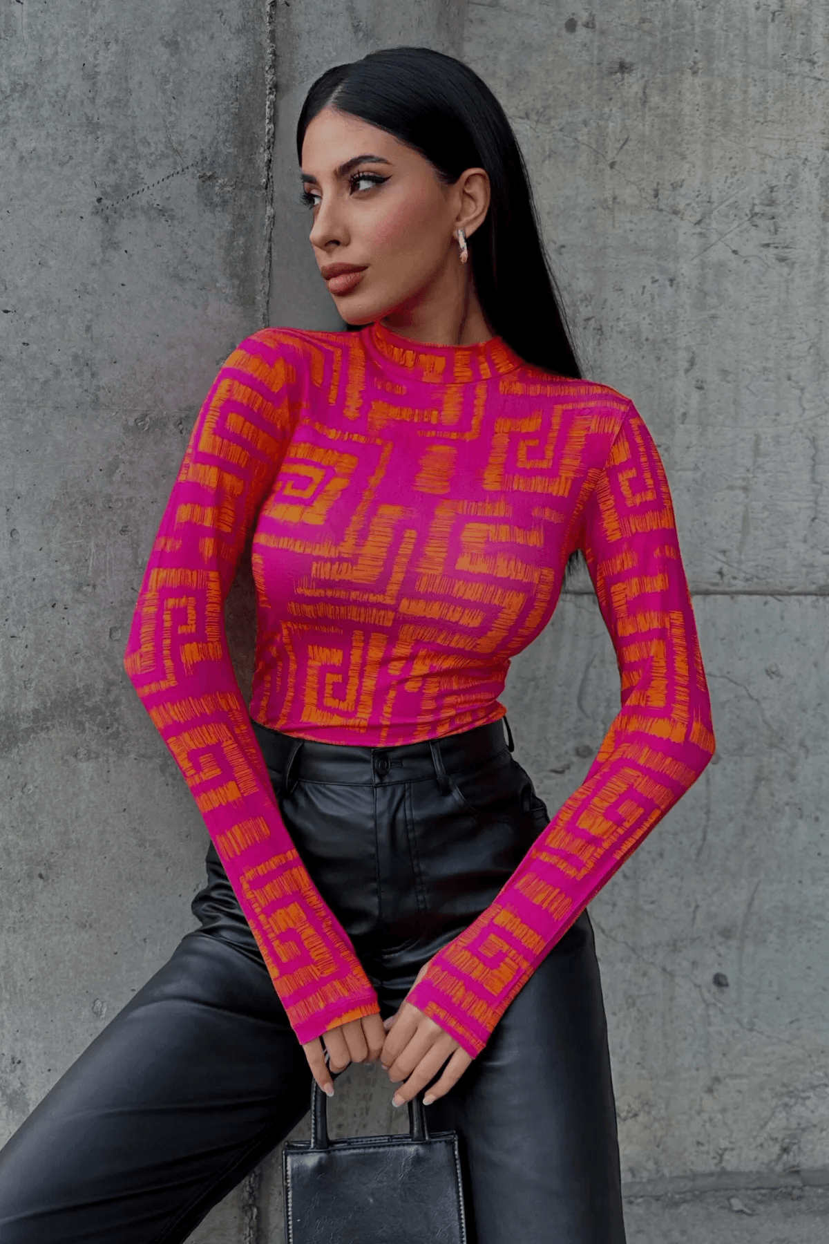 Turuncu Kırçıl Kare Desenli Pembe Parmak Detaylı Body