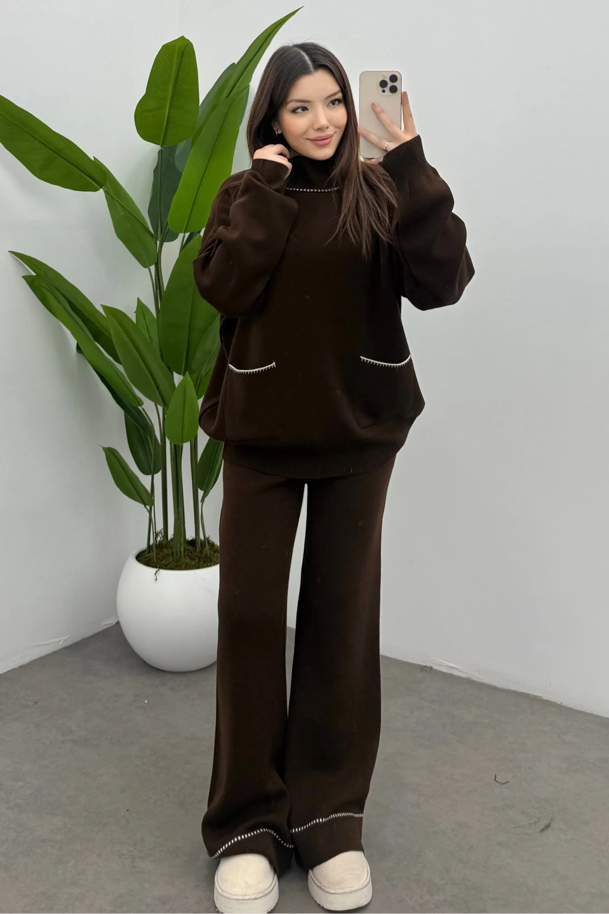 Balıkçı Yaka Kazak Pantolon Triko Takım- Kahverengi