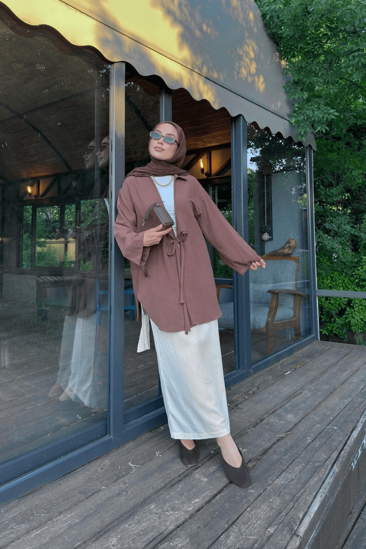 Acı Kahve Bağlama Detaylı Flam Keten Kimono