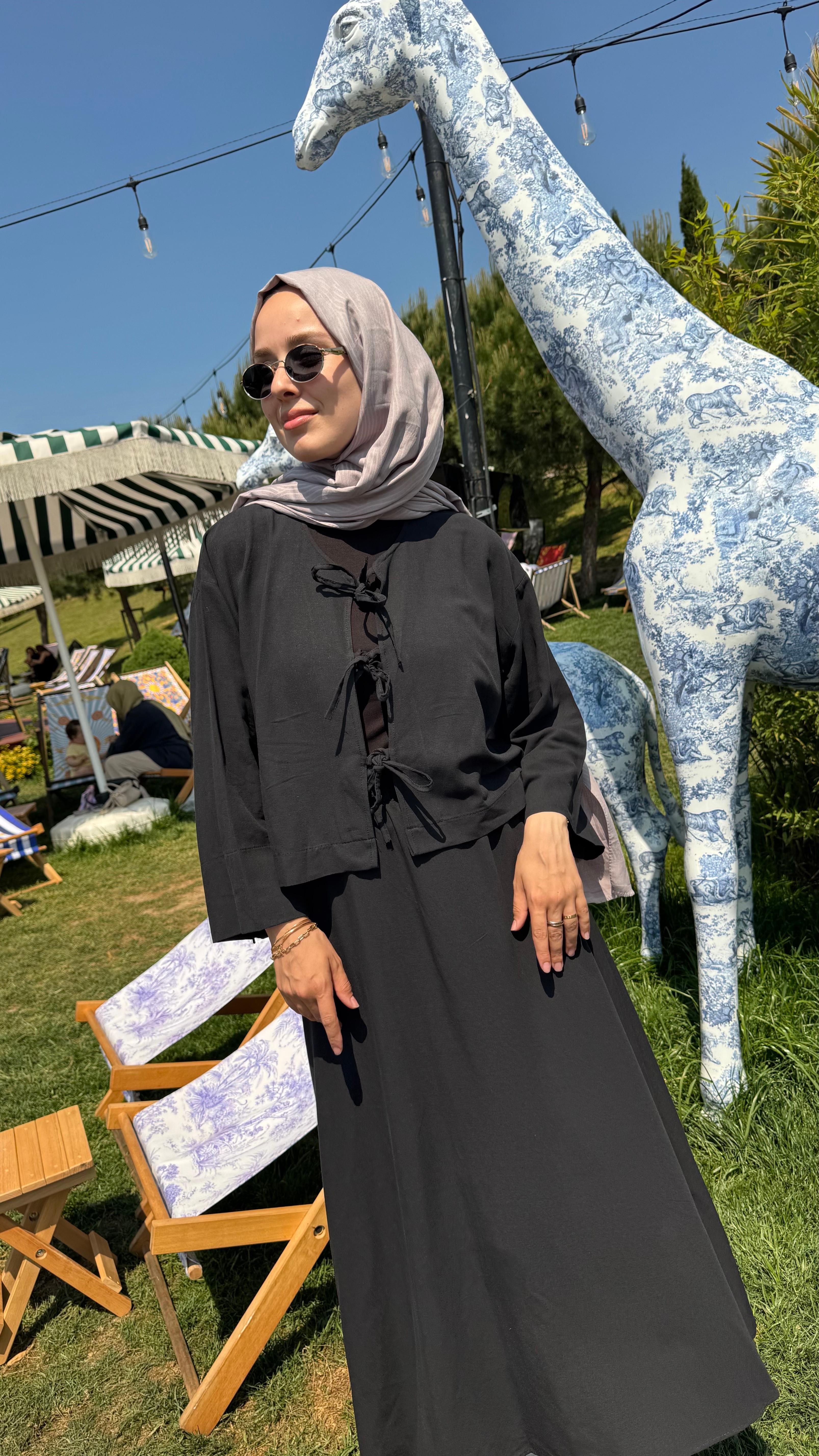 Bağlama Detaylı Keten Etek Takım Siyah