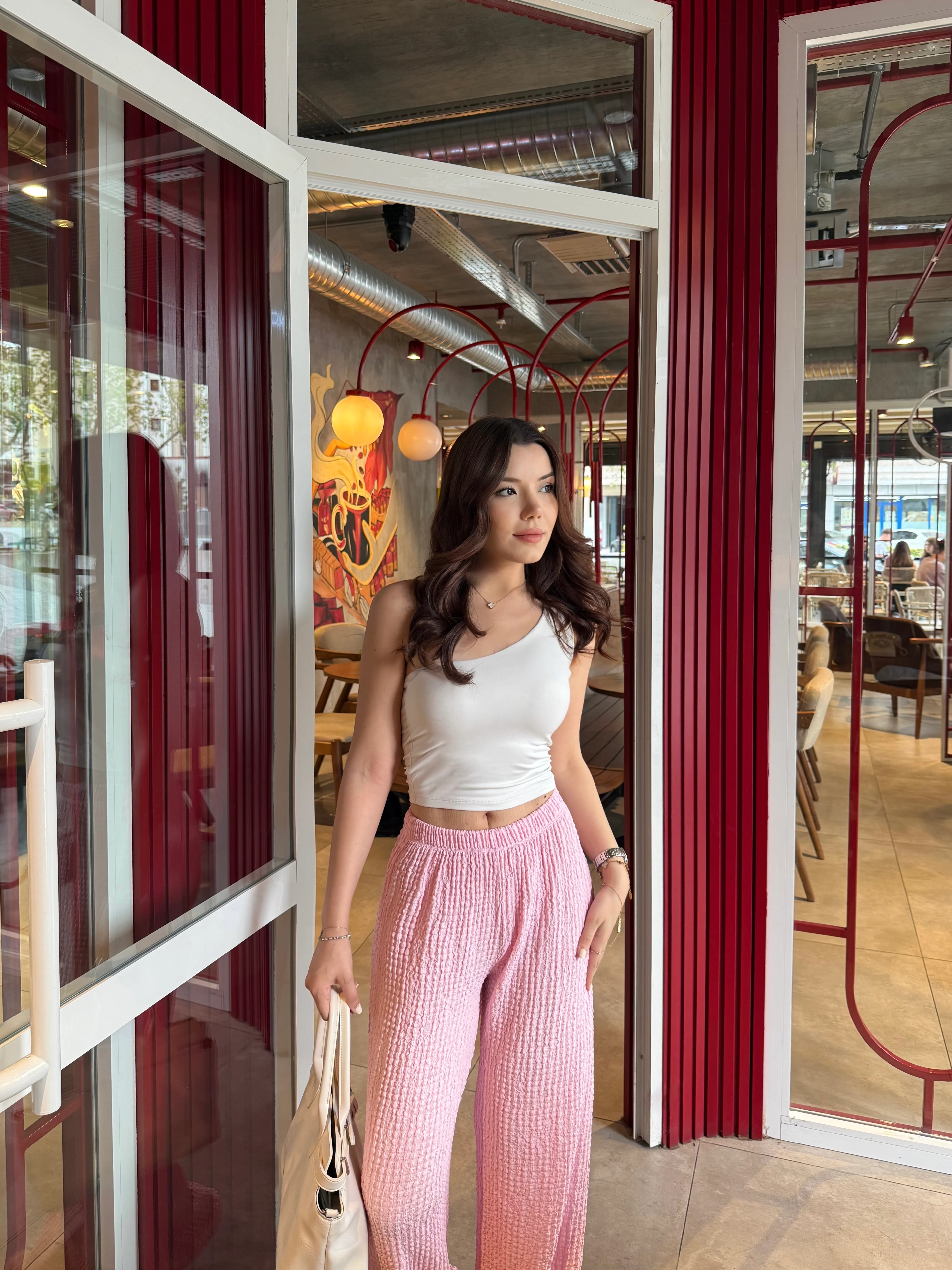 Pembe Yüksek Bel Likralı Bubble Pantolon