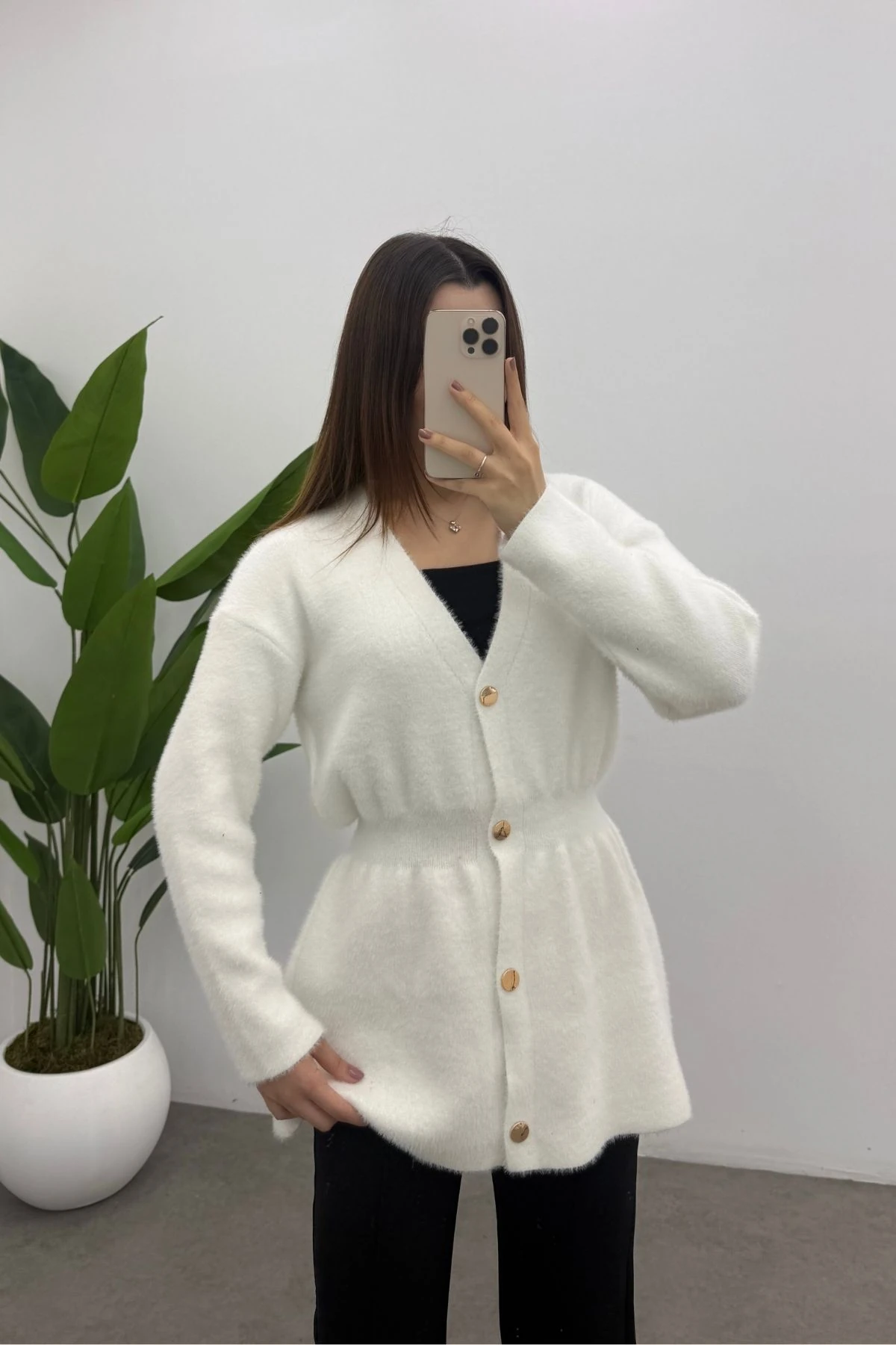 Gold Düğmeli Soft Hırka-EKRU