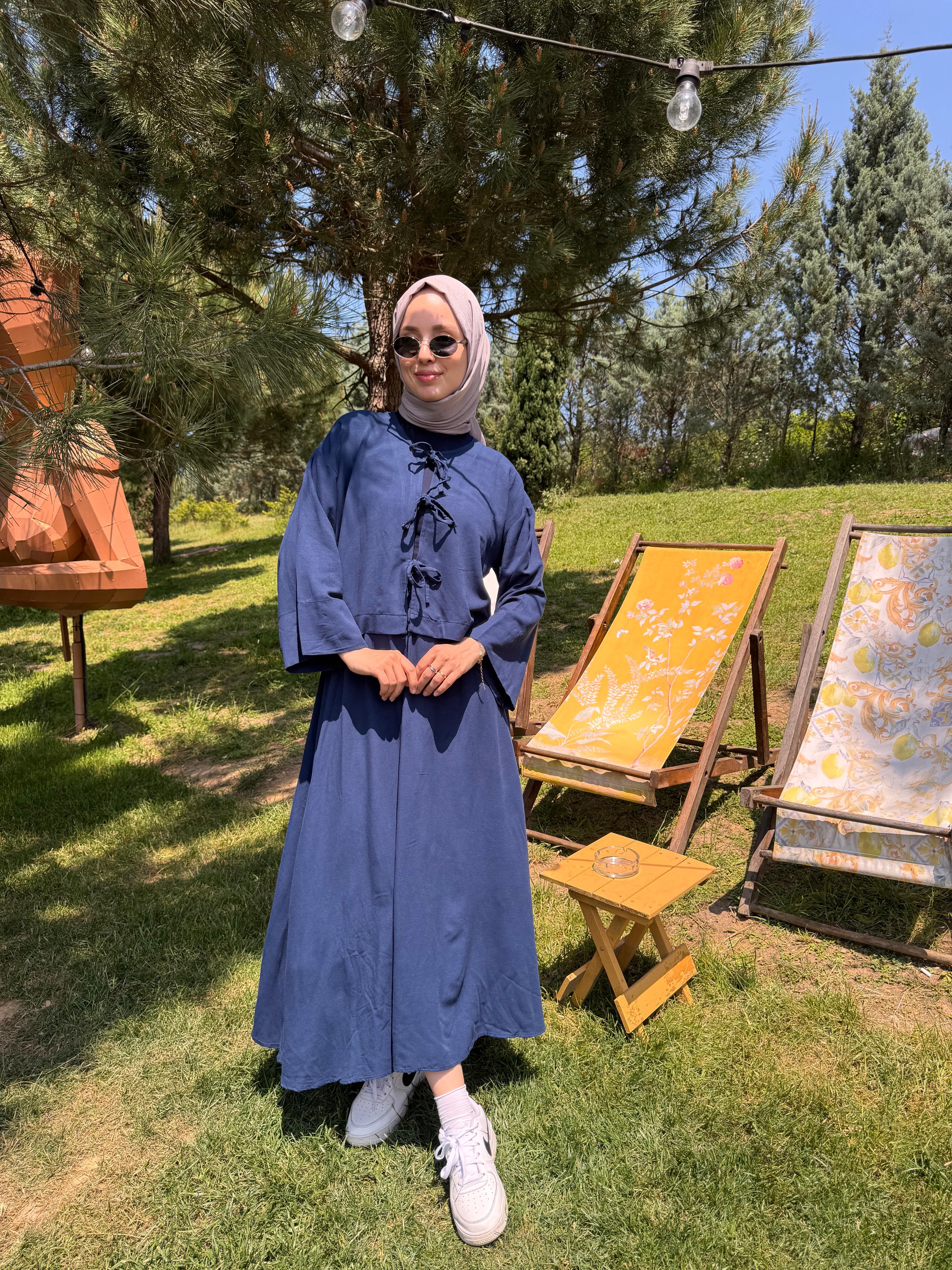 Bağlama Detaylı Keten Etek Takım Lacivert
