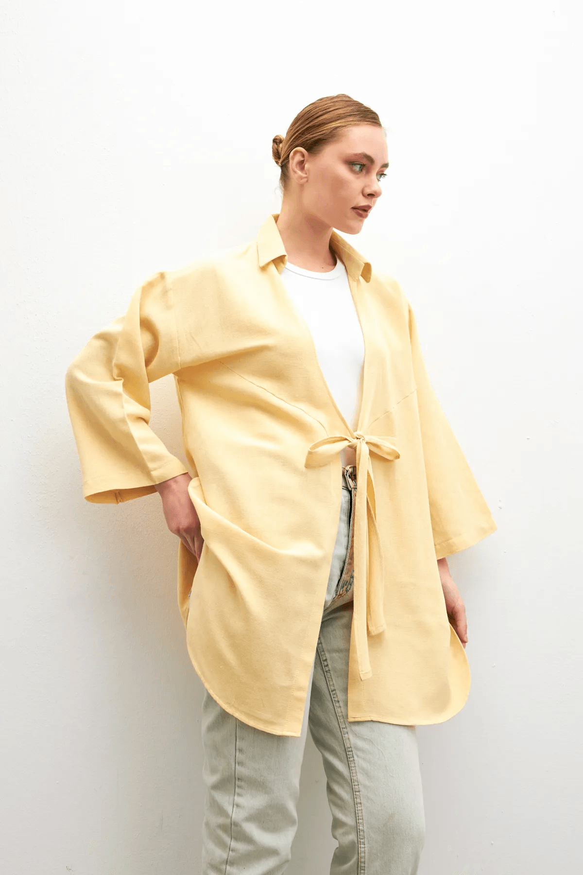 Pastel Sarı Bağlama Detaylı Flam Keten Kimono