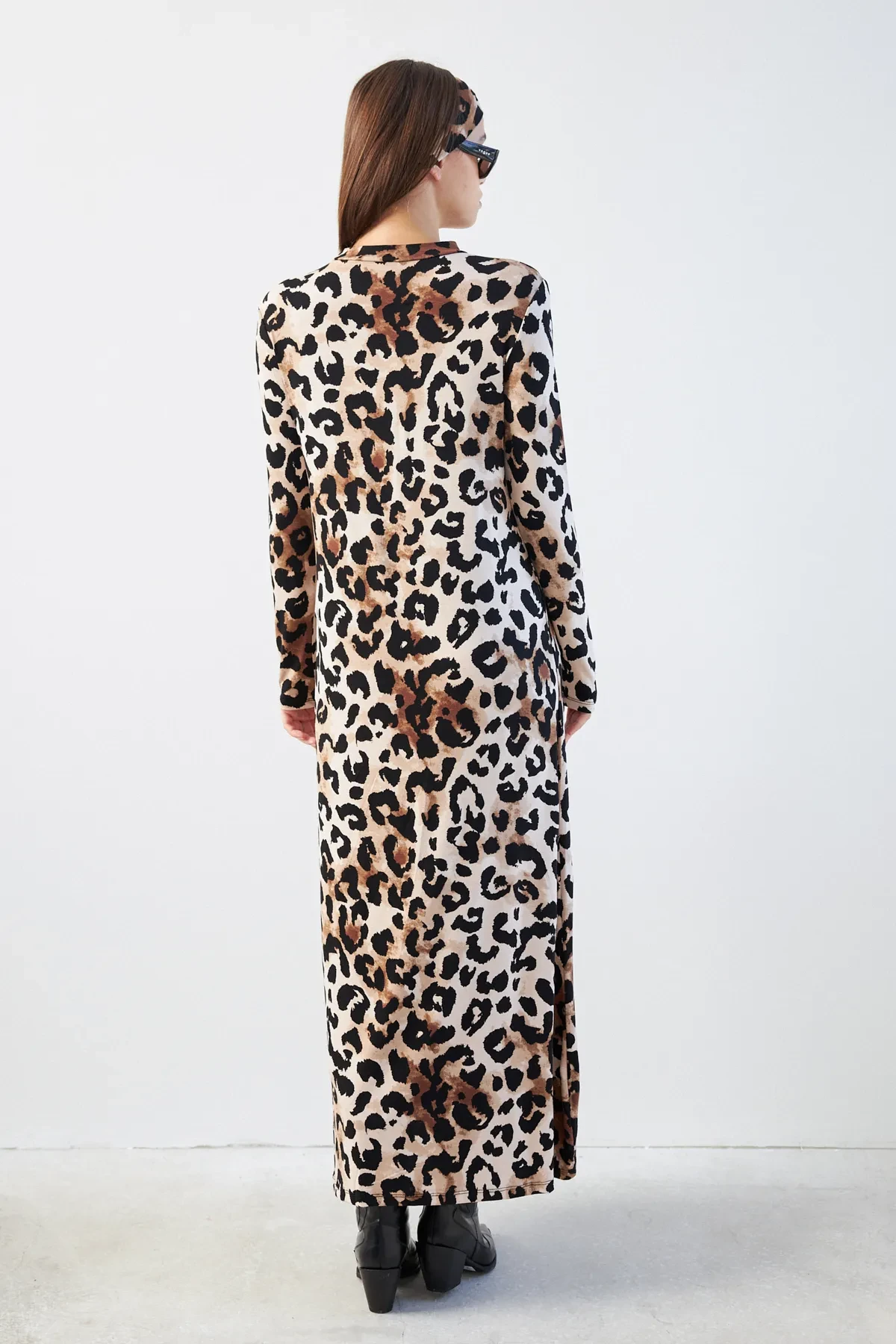 Baskı Leopar Desenli Yarım Balıkçı Yaka Uzun Kollu Elbise