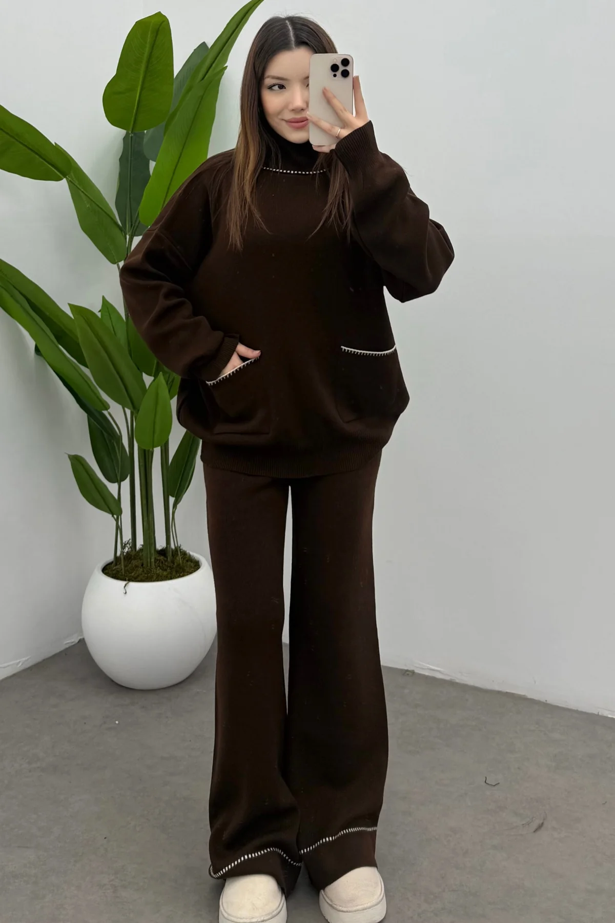 Balıkçı Yaka Kazak Pantolon Triko Takım- Kahverengi