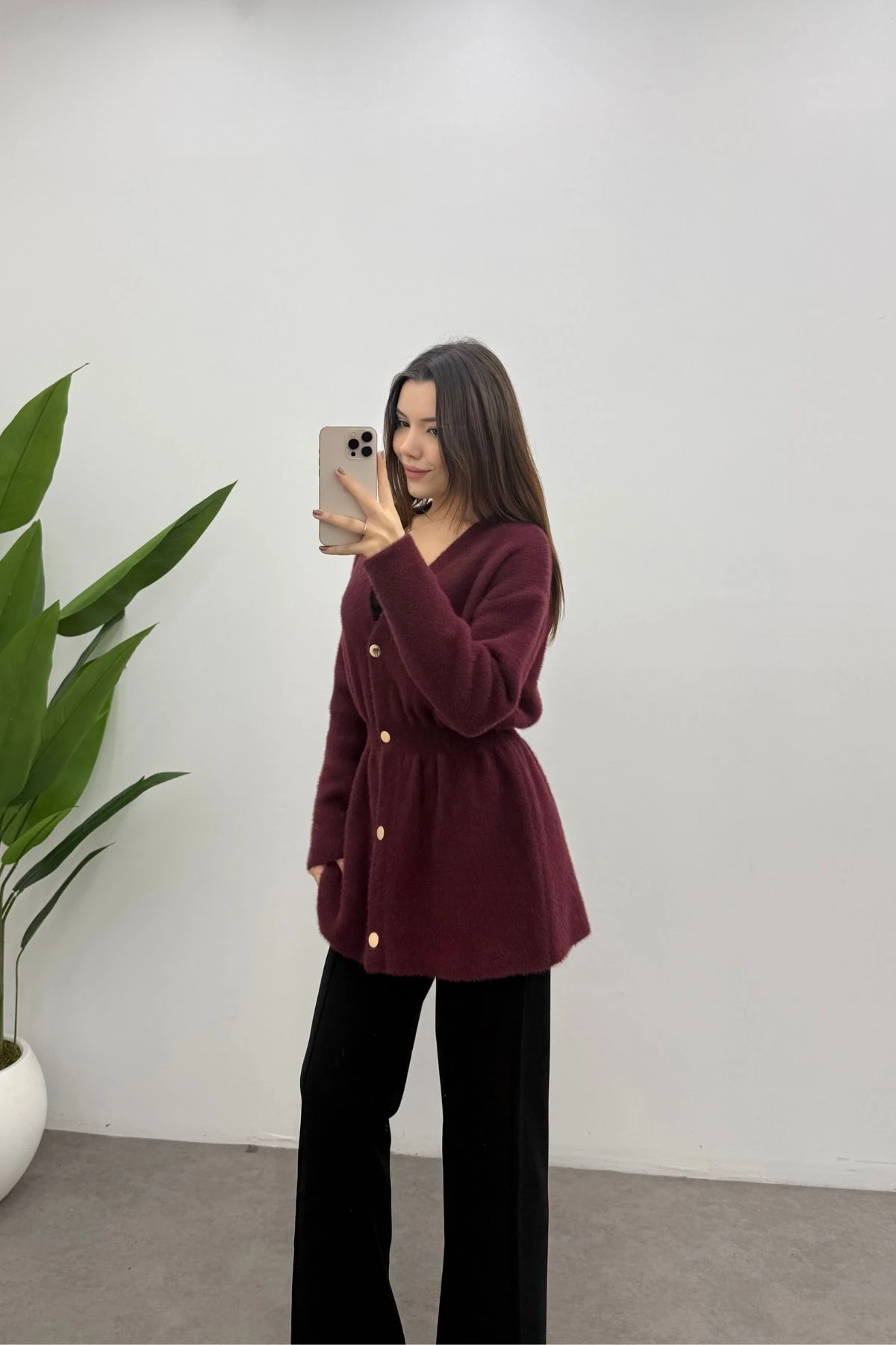 Gold Düğmeli Soft Hırka-BORDO