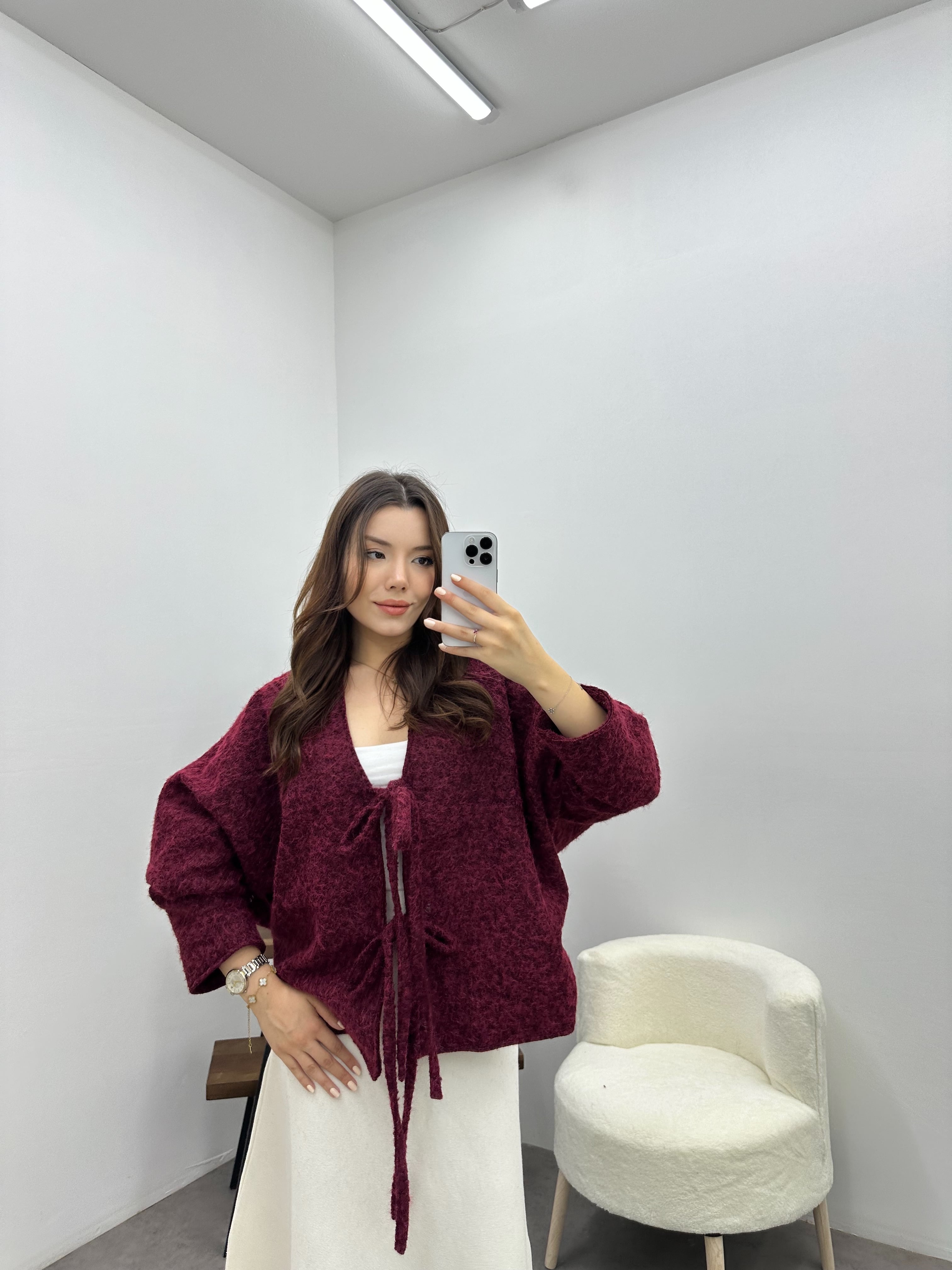 Pera Bağlama Detaylı Bordo Kaşe Ceket