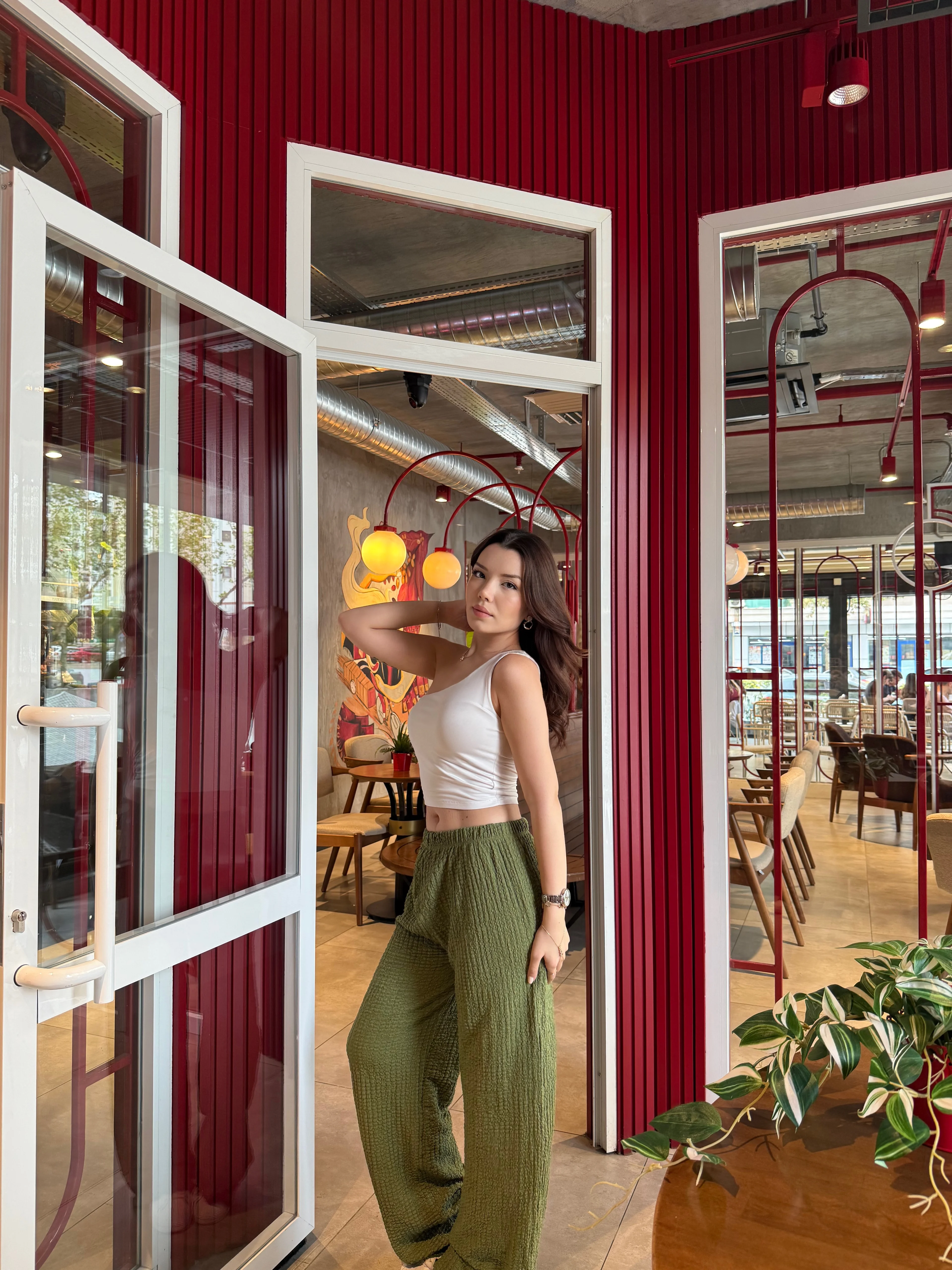 Zeytin Yeşili Yüksek Bel Likralı Bubble Pantolon