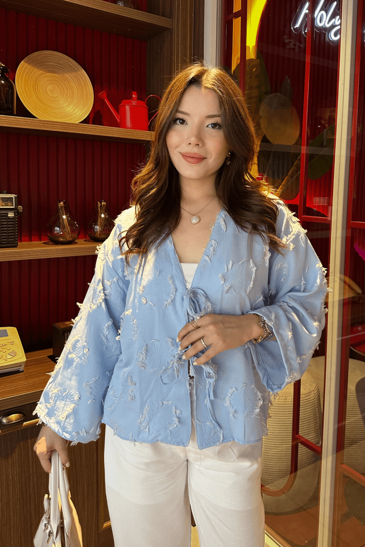 Püskül Detaylı Bebe Mavi Kimono Gömlek