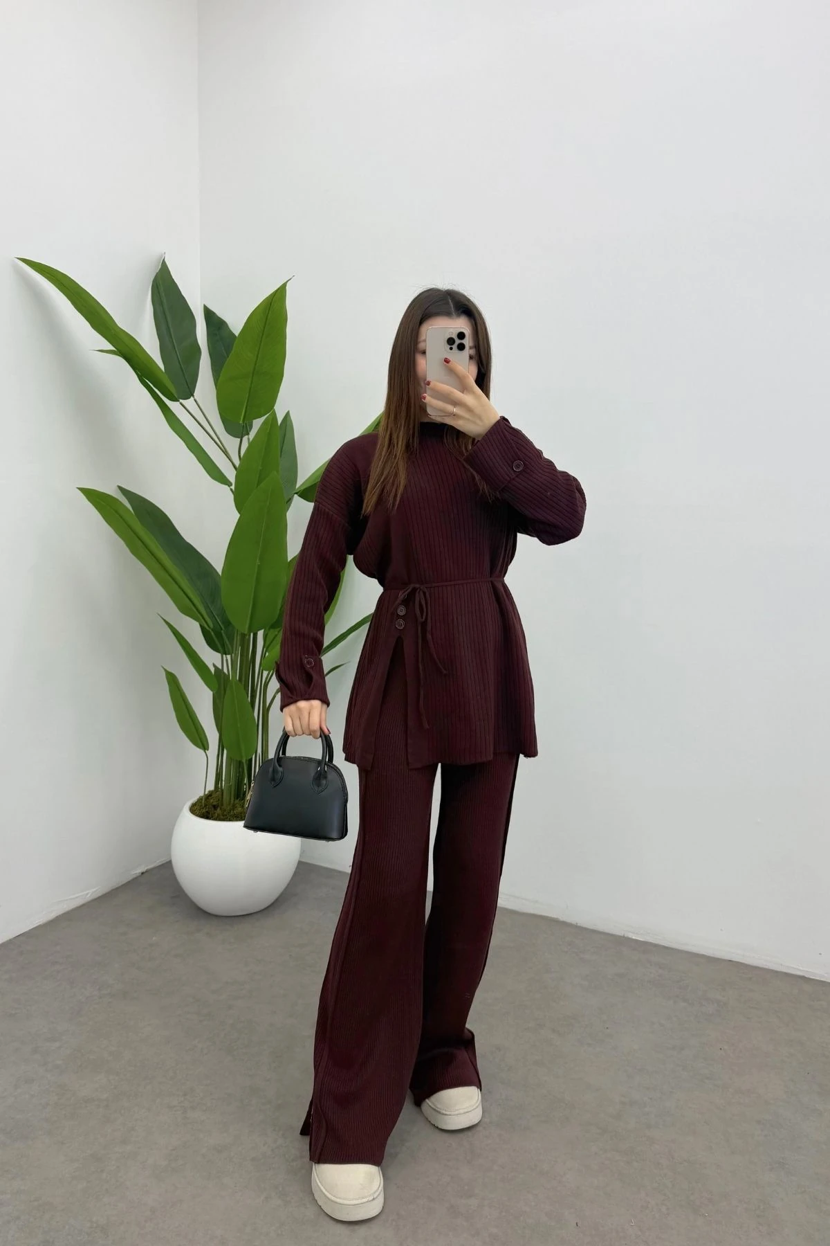  Bordo Bel Bağlamalı Düğme Detaylı Fitilli Triko Kazak Pantolon İkili Takım