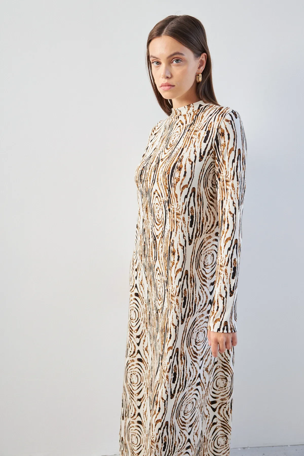 Hardal İnce Oval Desenli Yarım Balıkçı Yaka Uzun Kollu Elbise