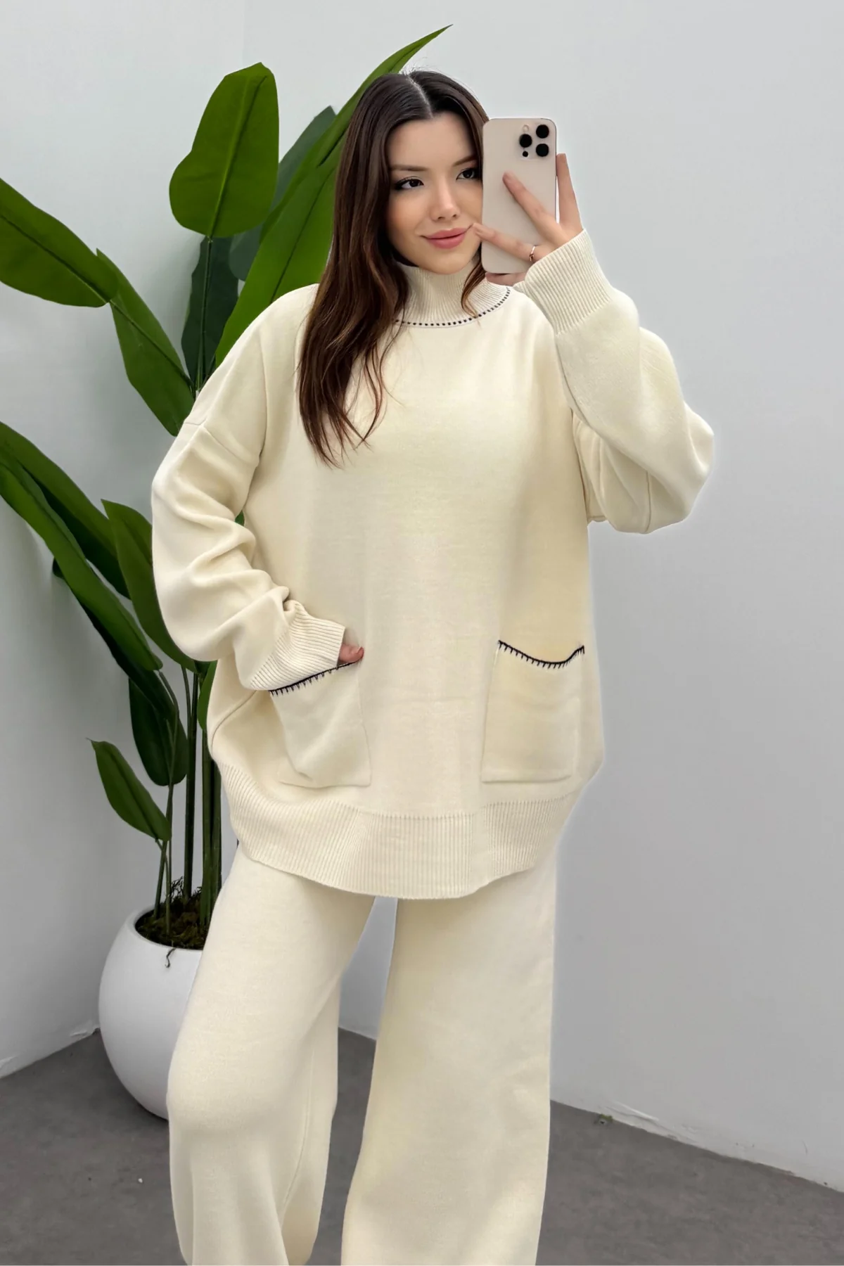 Balıkçı Yaka Kazak Pantolon Triko Takım- Ebru