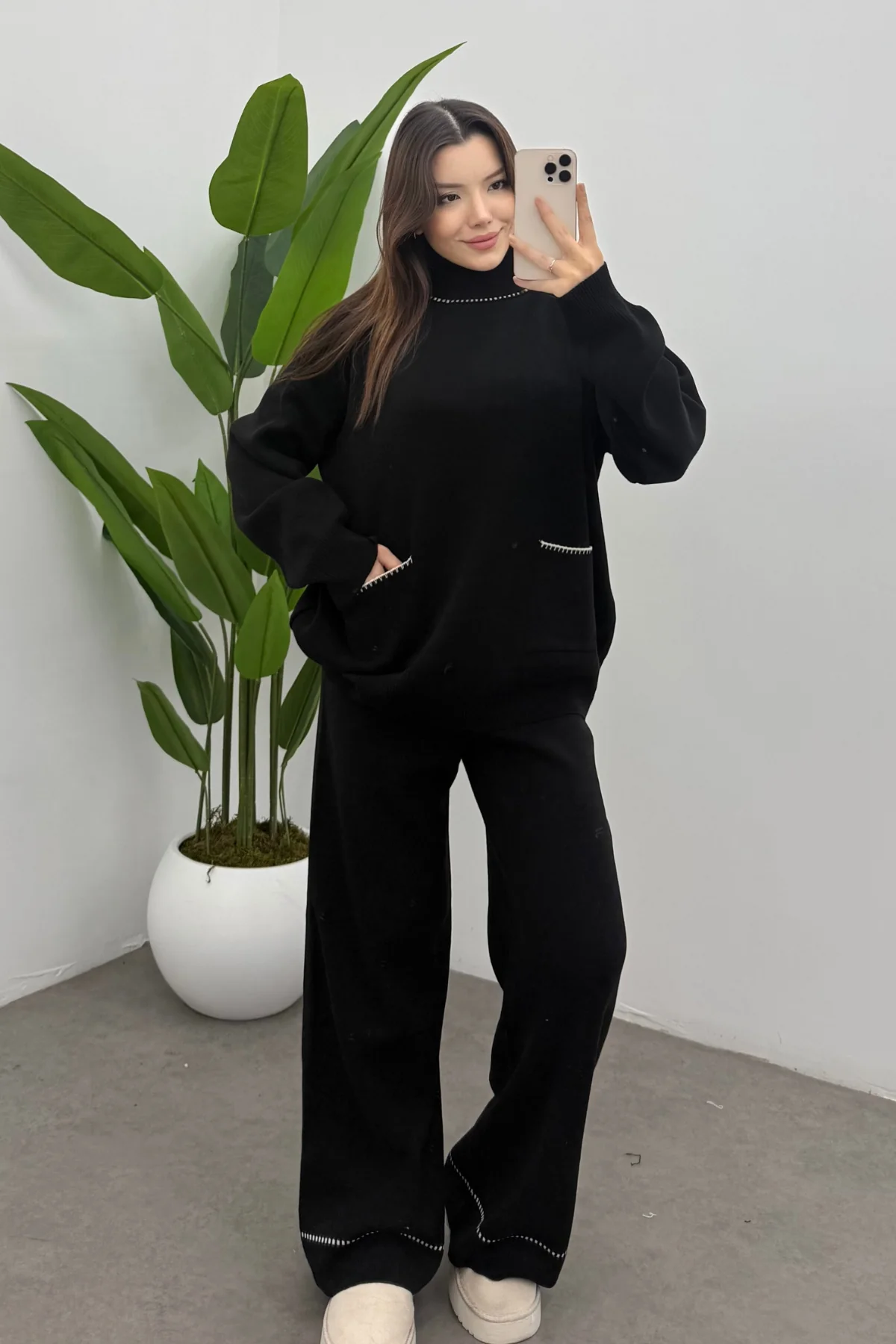 Balıkçı Yaka Kazak Pantolon Triko Takım- Siyah