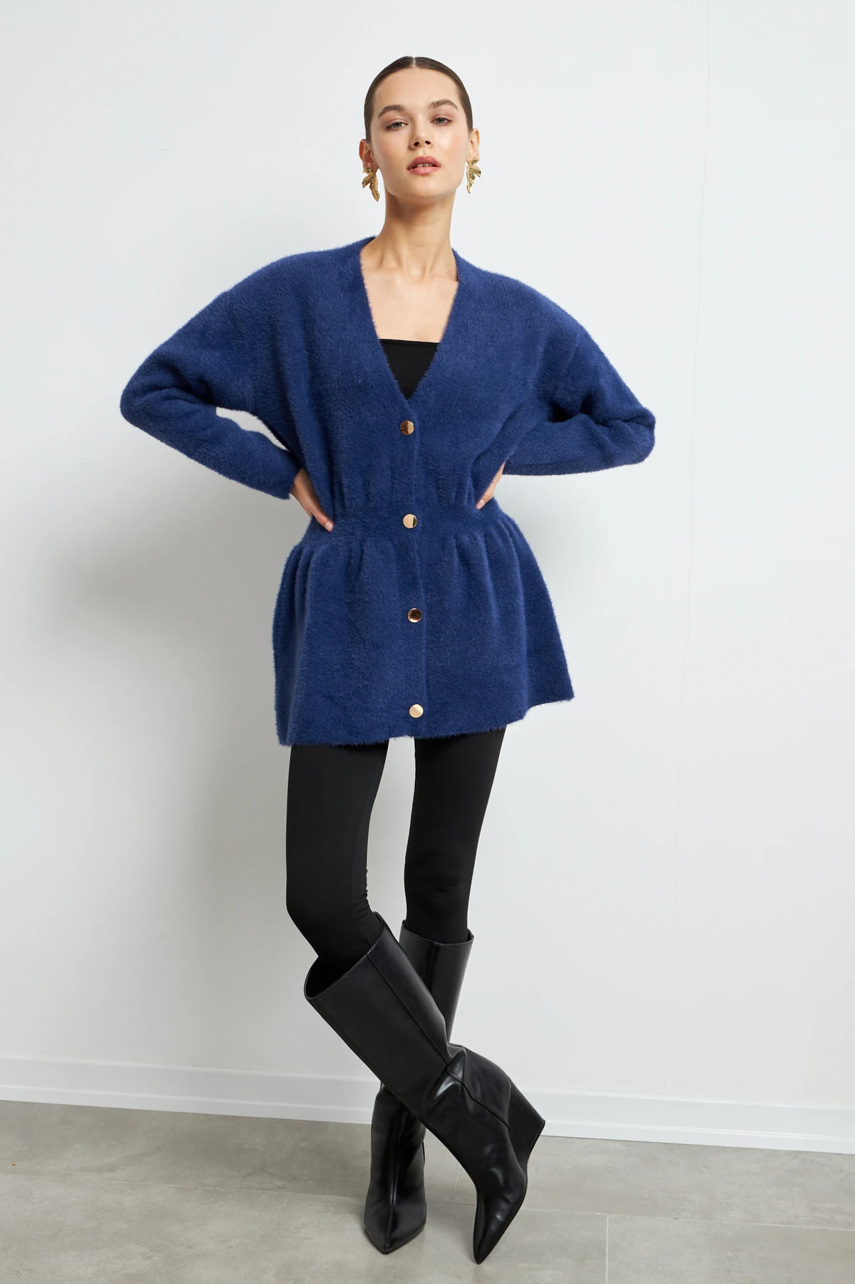 Gold Düğmeli Soft Hırka- LACİVERT