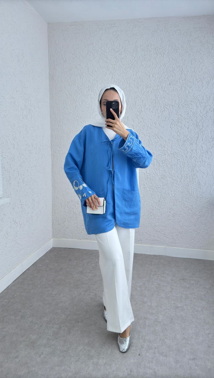 Mavi Nakışlı Modal Kimono Gömlek