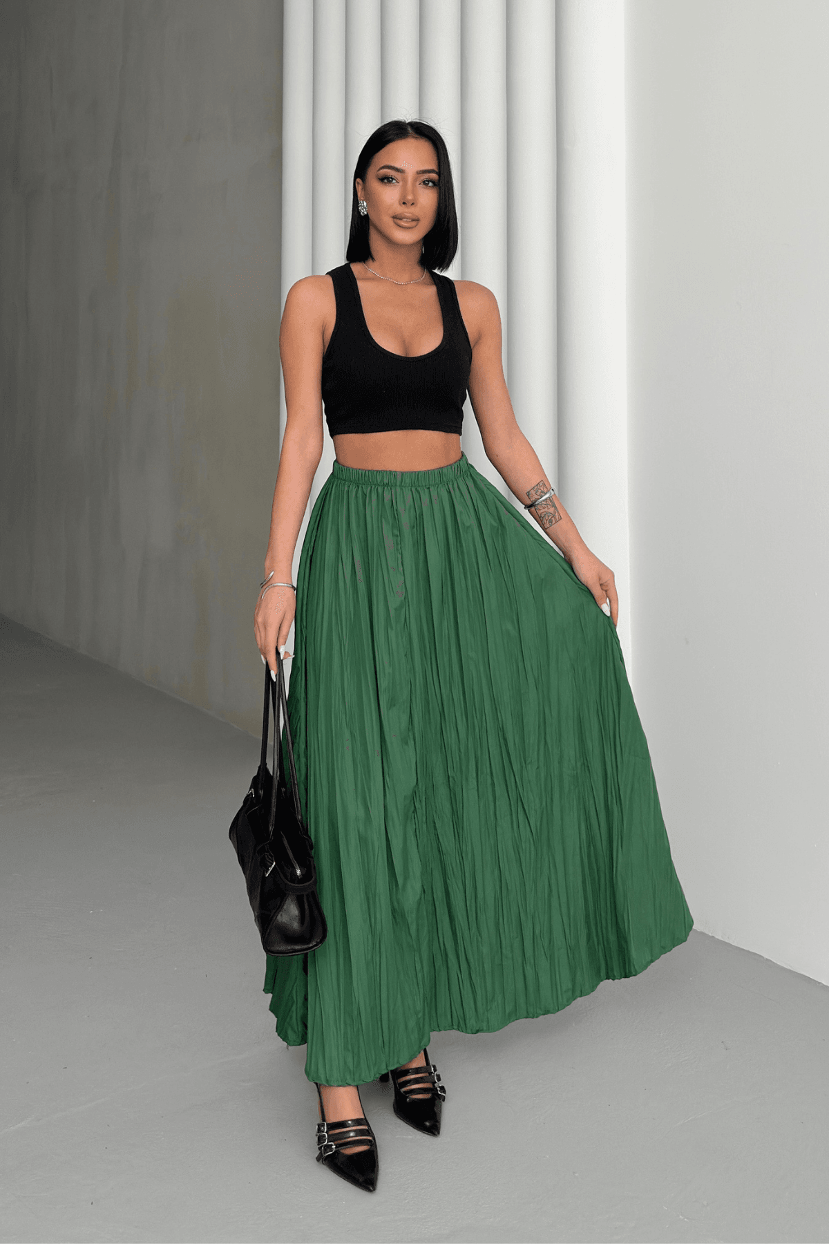 Kadın Benetton Crush Efektli Uzun Kloş Etek
