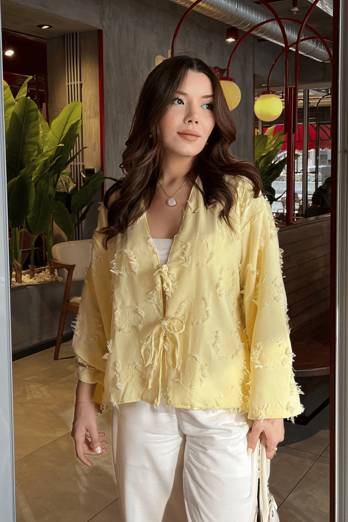 Püskül Detaylı Butter Yellow Kimono Gömlek
