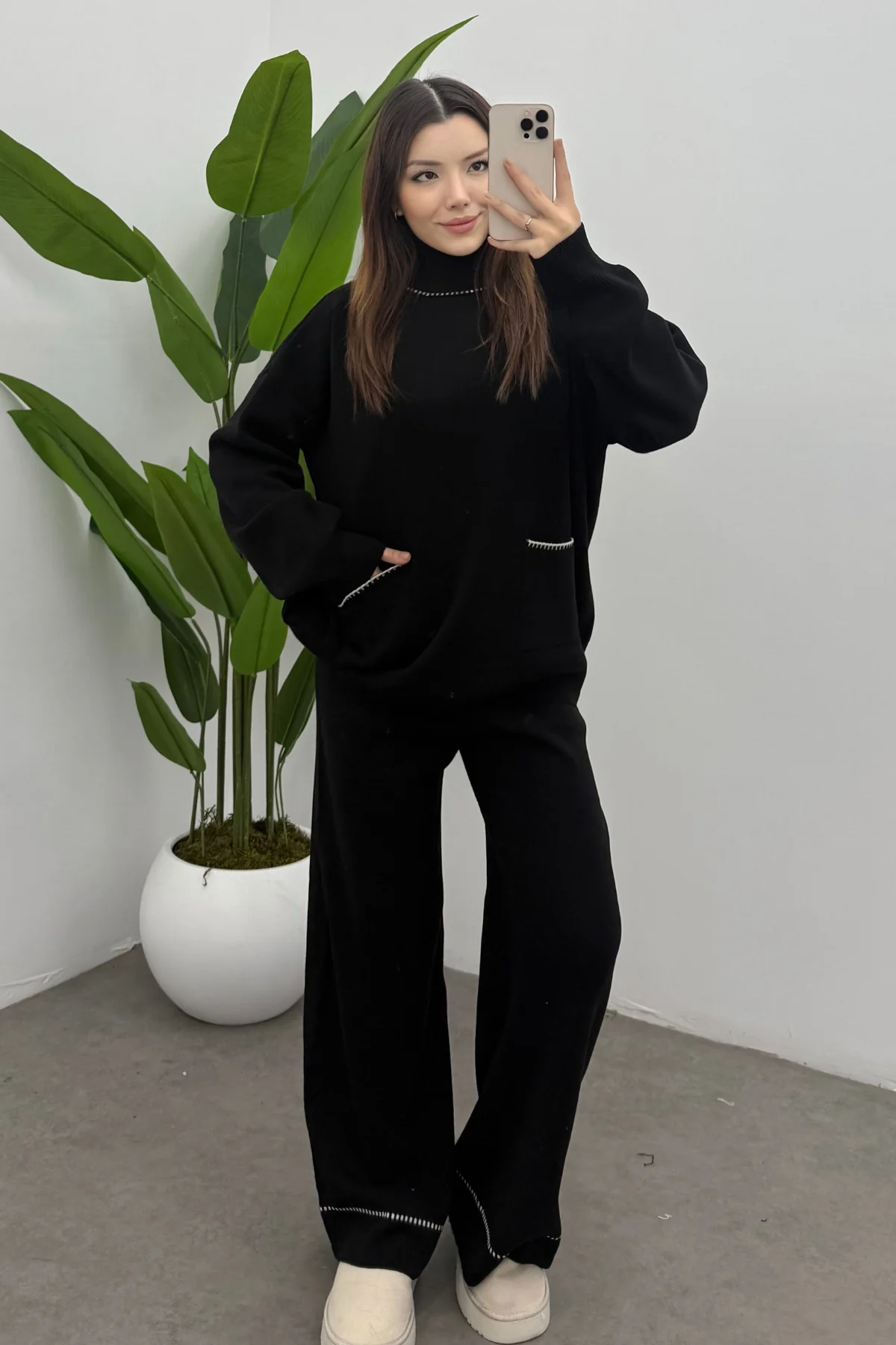 Balıkçı Yaka Kazak Pantolon Triko Takım- Siyah