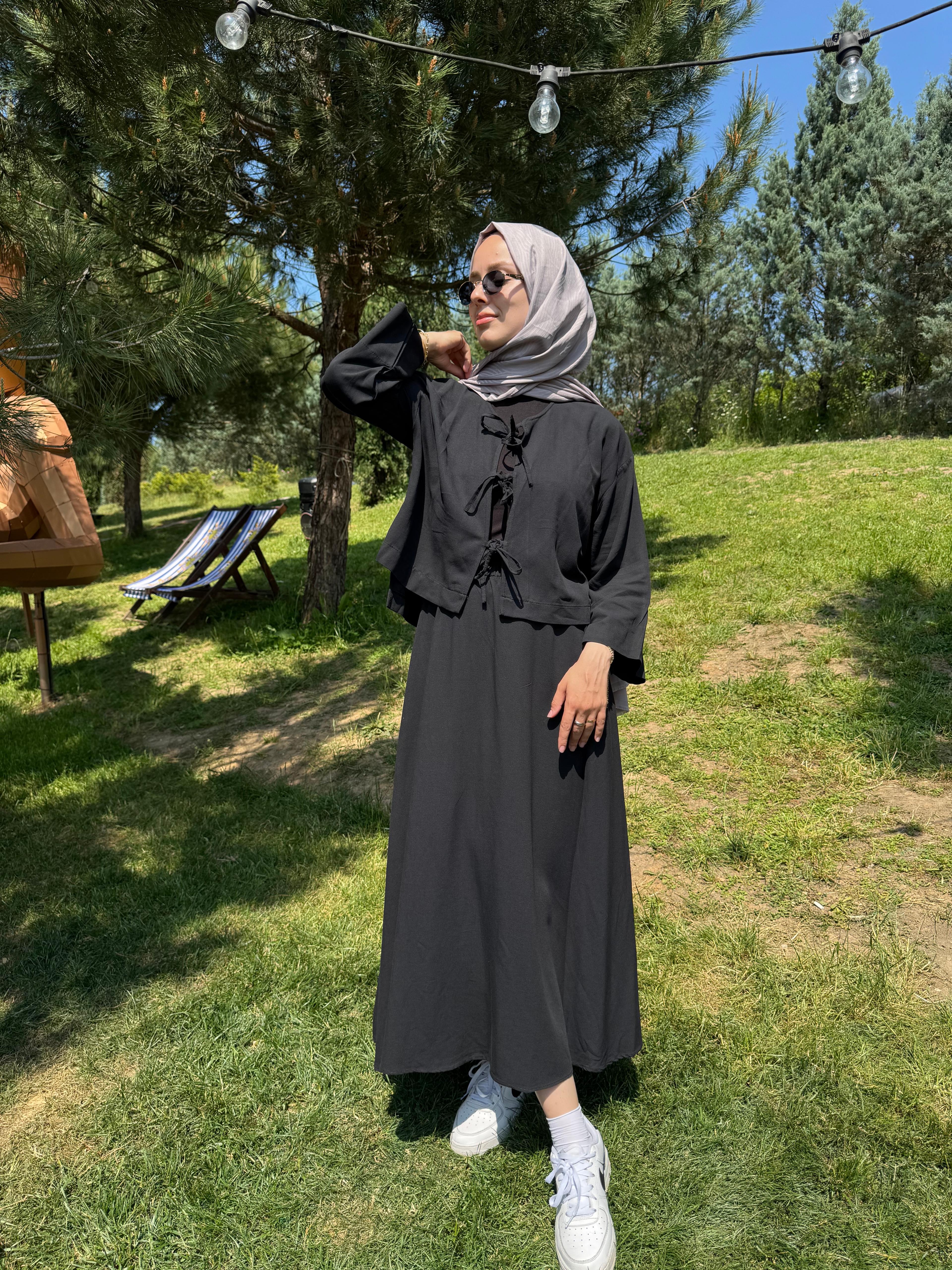Bağlama Detaylı Keten Etek Takım Siyah