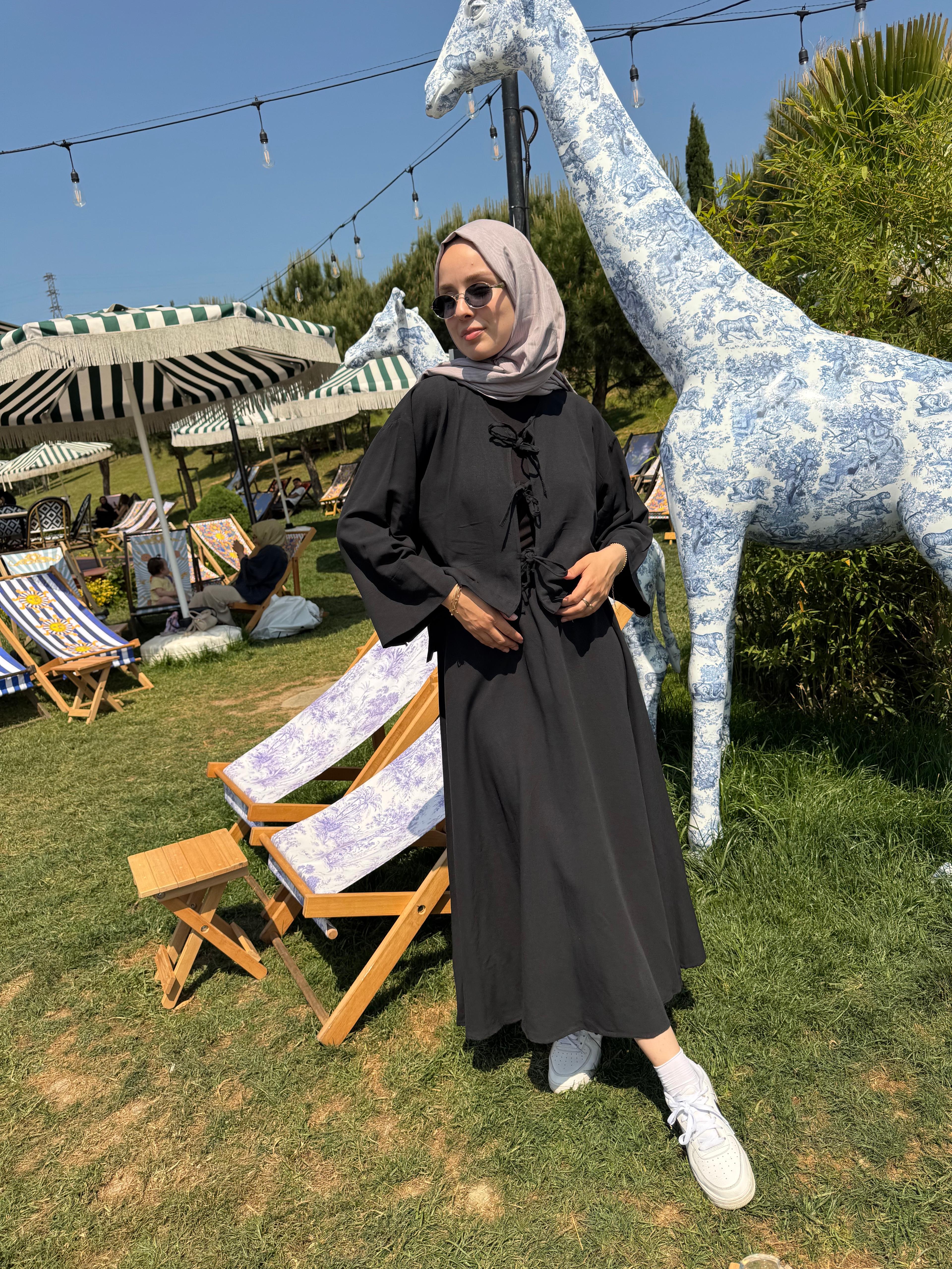 Bağlama Detaylı Keten Etek Takım Siyah