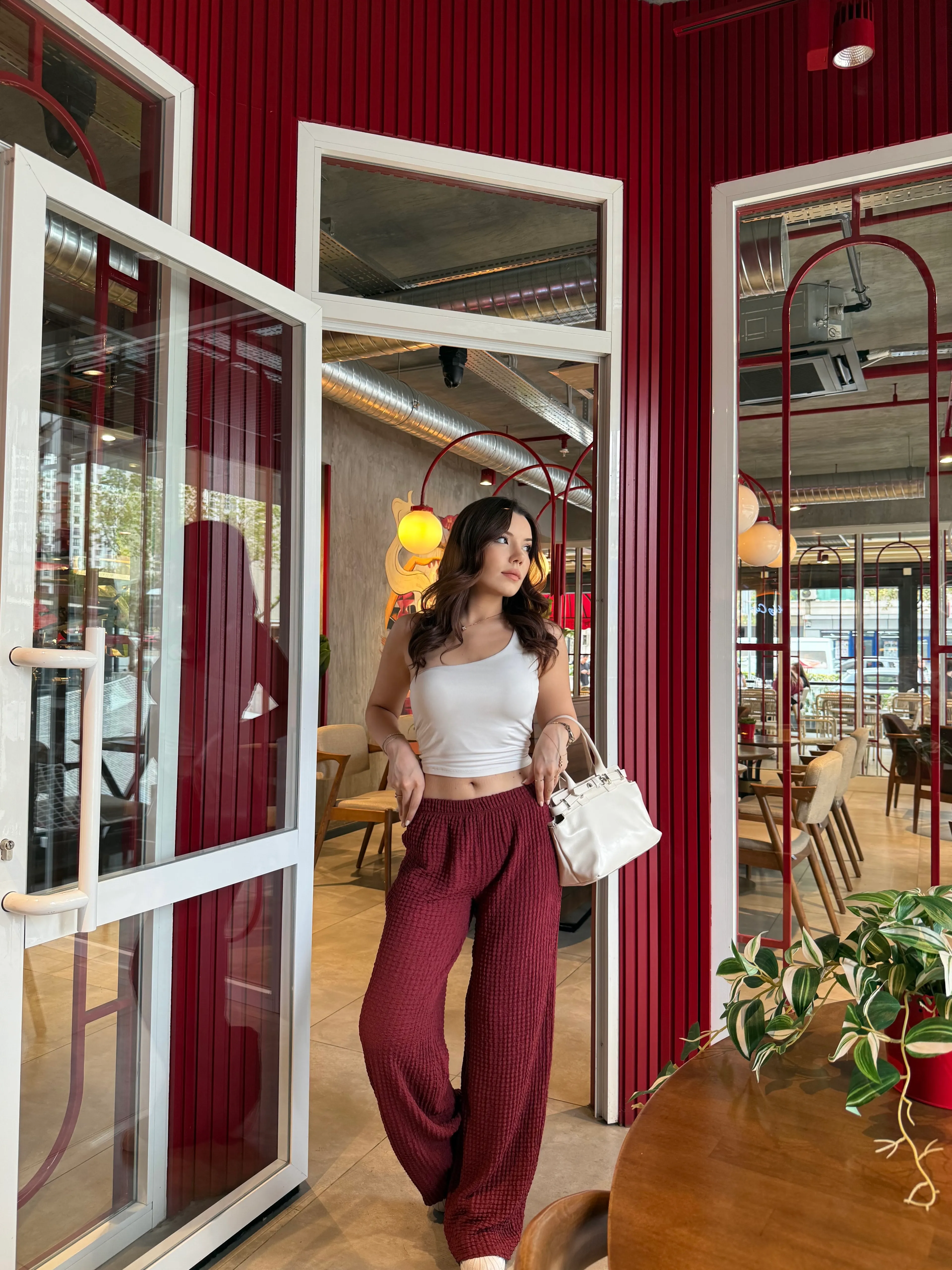 Bordo Yüksek Bel Likralı Bubble Pantolon