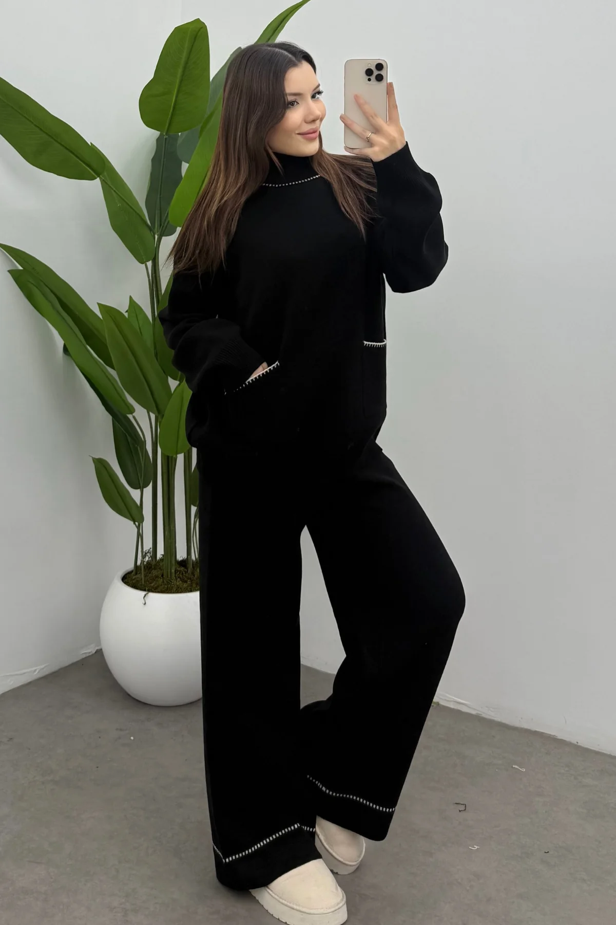 Balıkçı Yaka Kazak Pantolon Triko Takım- Siyah