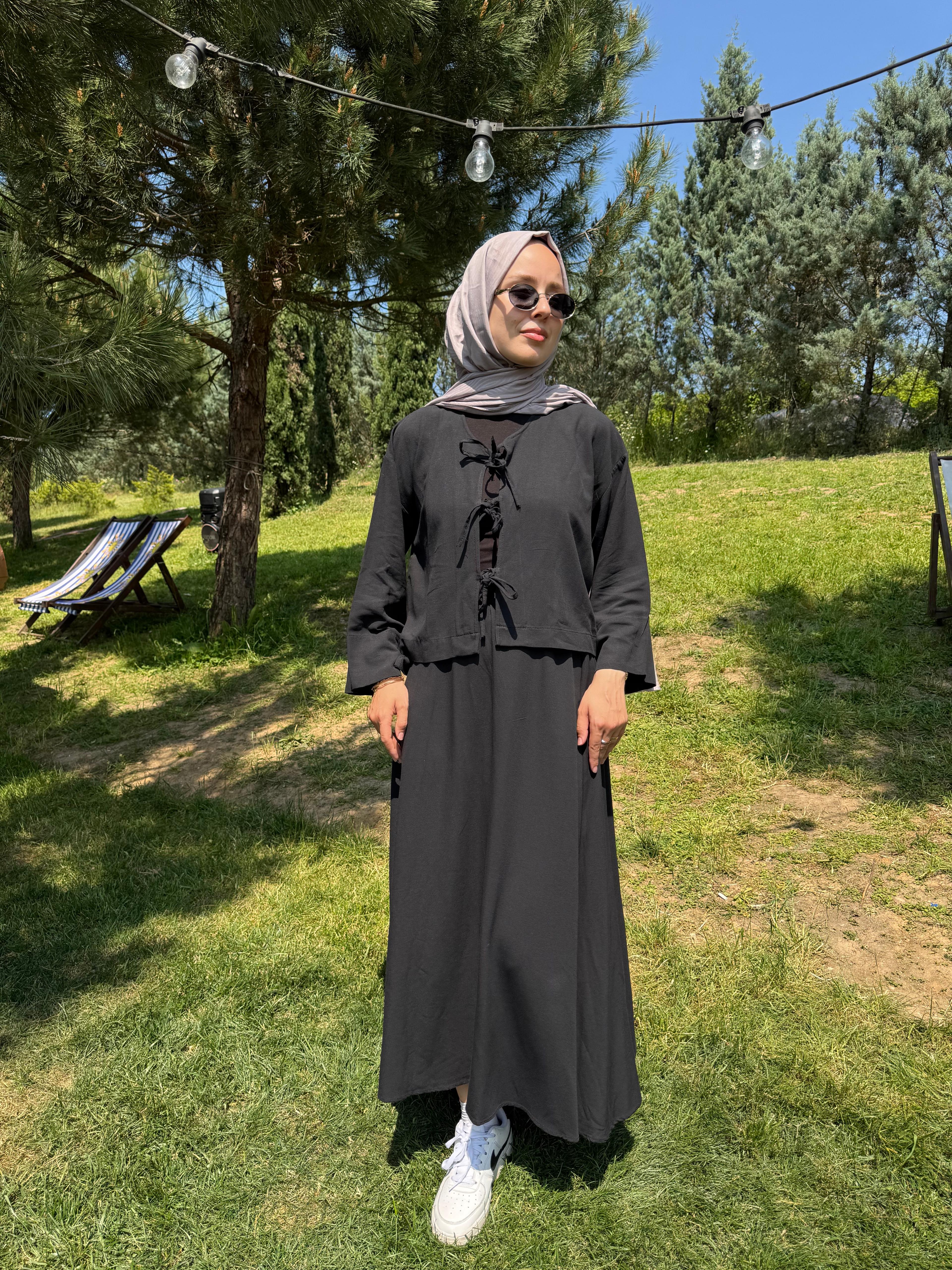 Bağlama Detaylı Keten Etek Takım Siyah
