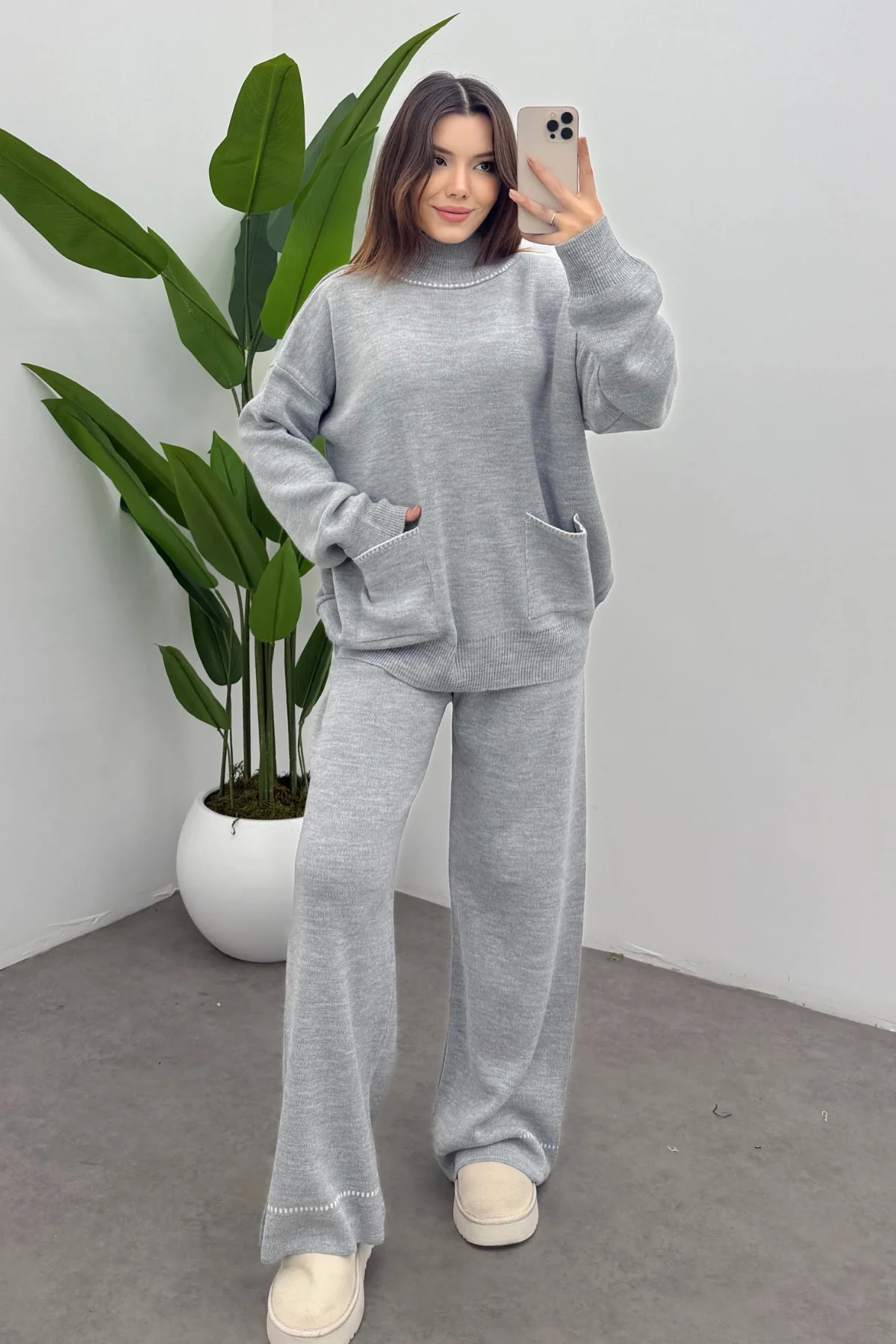 Balıkçı Yaka Kazak Pantolon Triko Takım- Gri