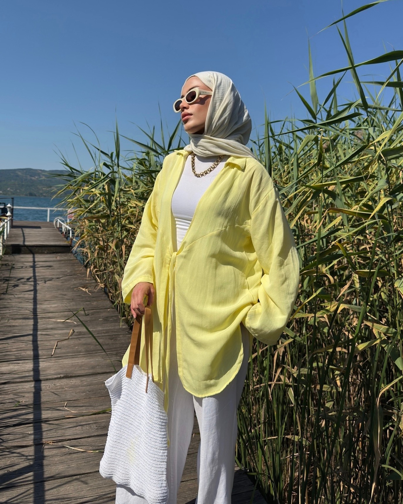 Pastel Sarı Bağlama Detaylı Flam Keten Kimono