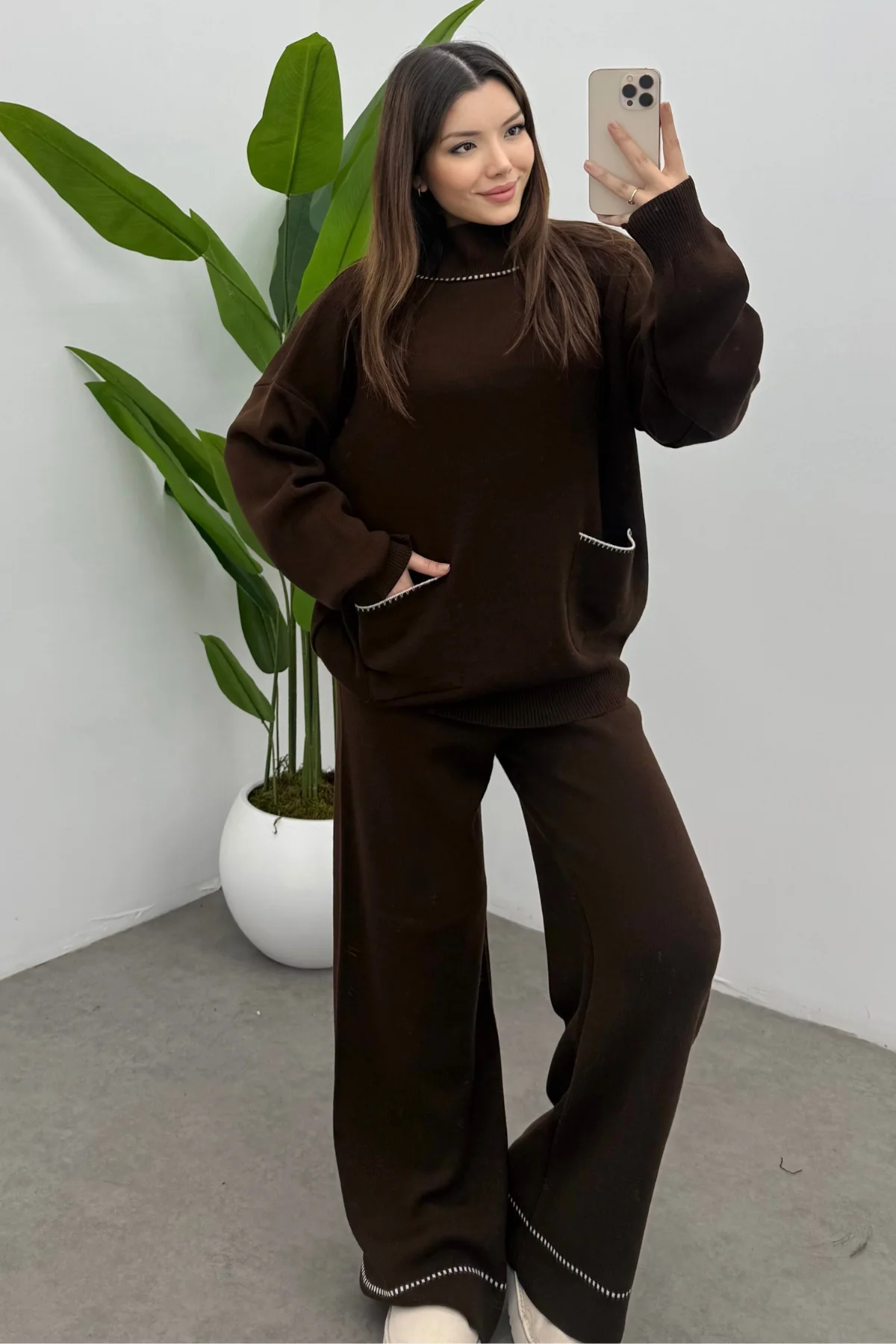 Balıkçı Yaka Kazak Pantolon Triko Takım- Kahverengi