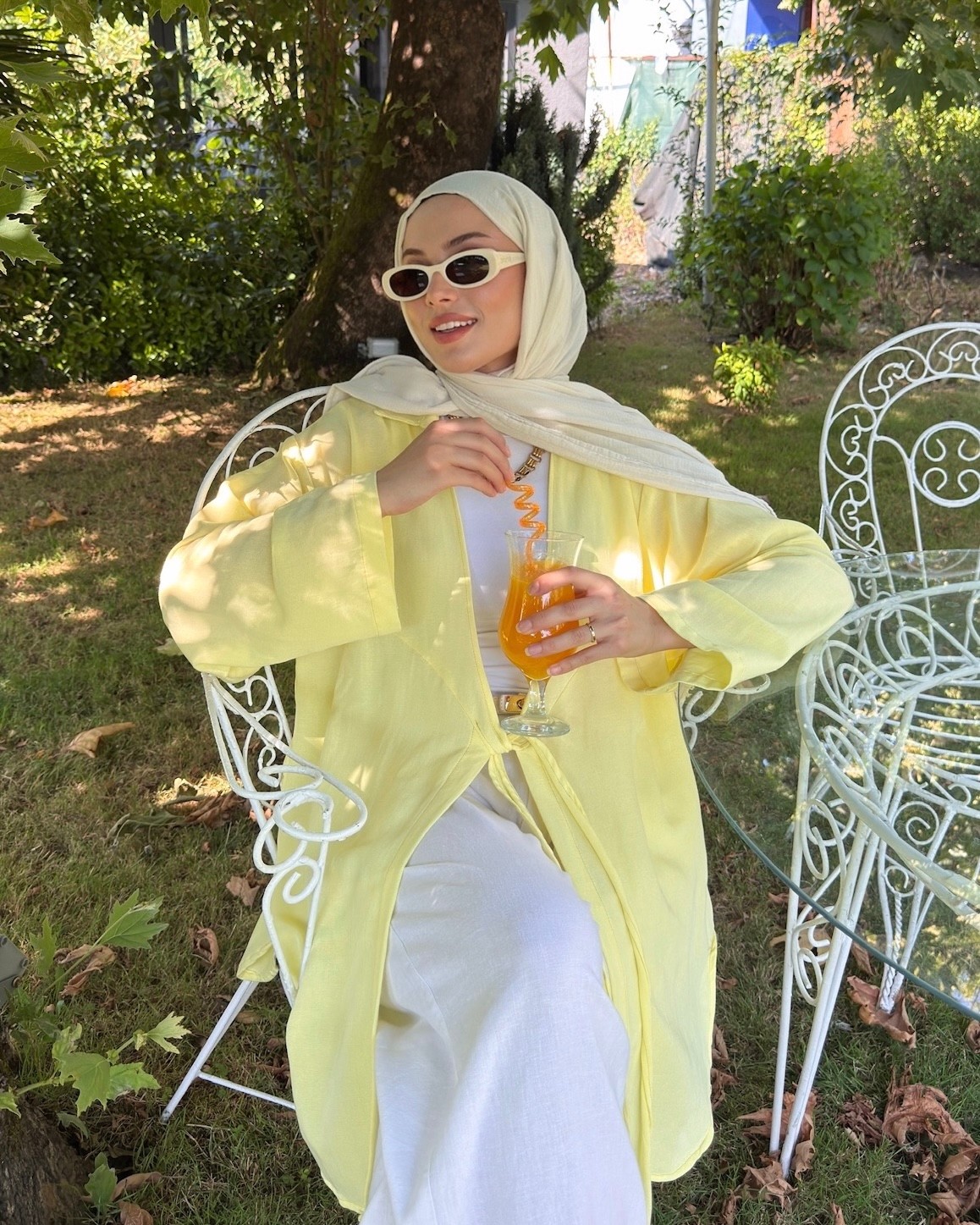Pastel Sarı Bağlama Detaylı Flam Keten Kimono