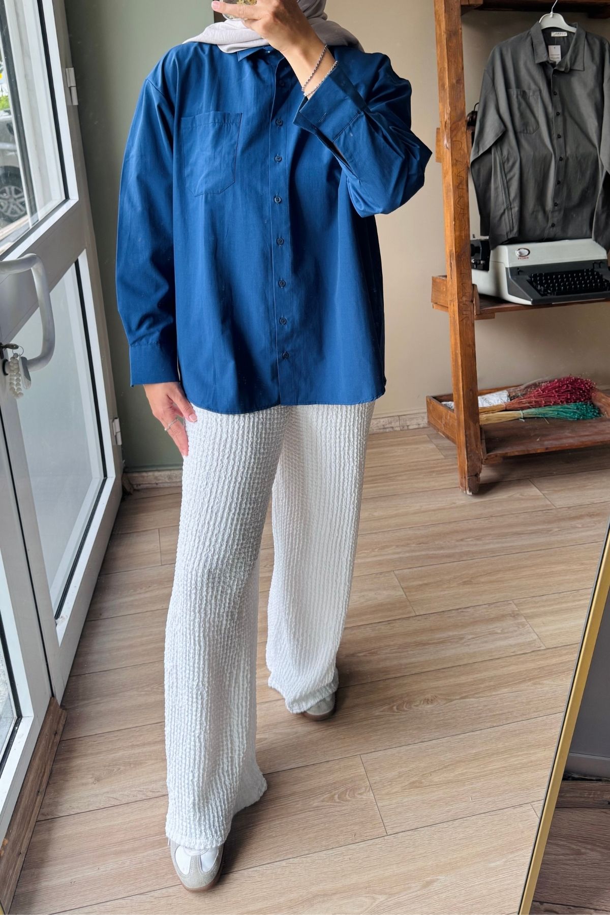 Beyaz Yüksek Bel Likralı Bubble Pantolon