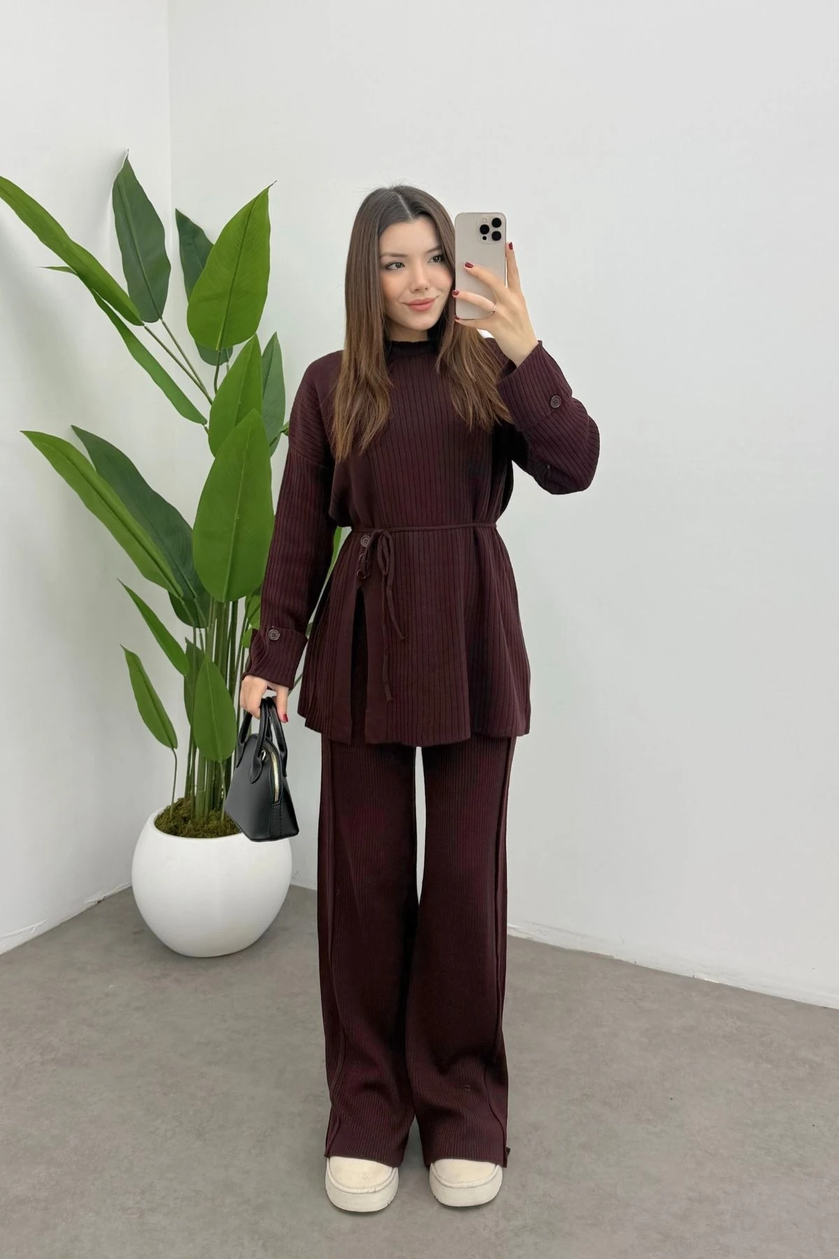  Bordo Bel Bağlamalı Düğme Detaylı Fitilli Triko Kazak Pantolon İkili Takım