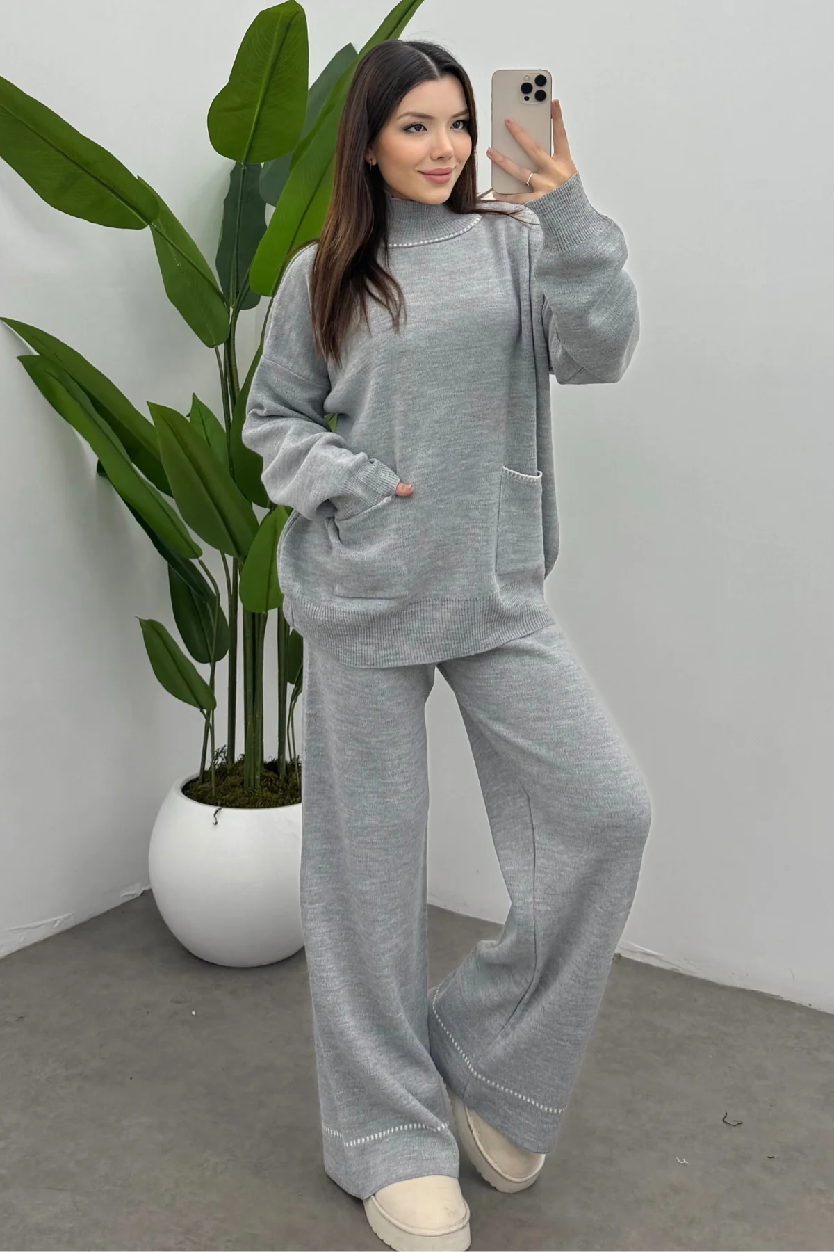 Balıkçı Yaka Kazak Pantolon Triko Takım- Gri