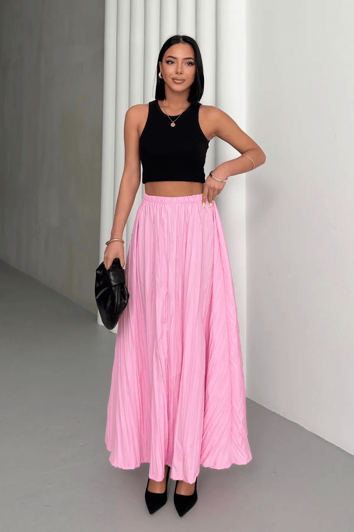 Pembe Crush Efektli Uzun Kloş Etek