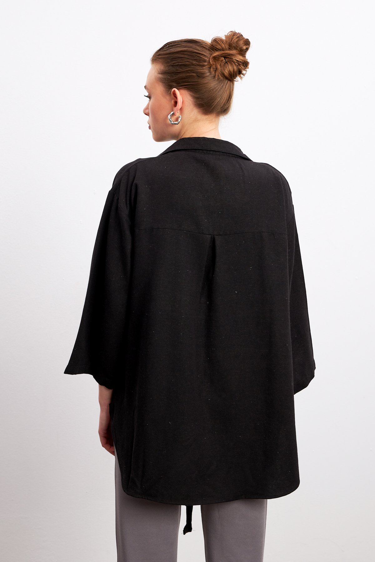 Siyah Bağlama Detaylı Flam Keten Kimono