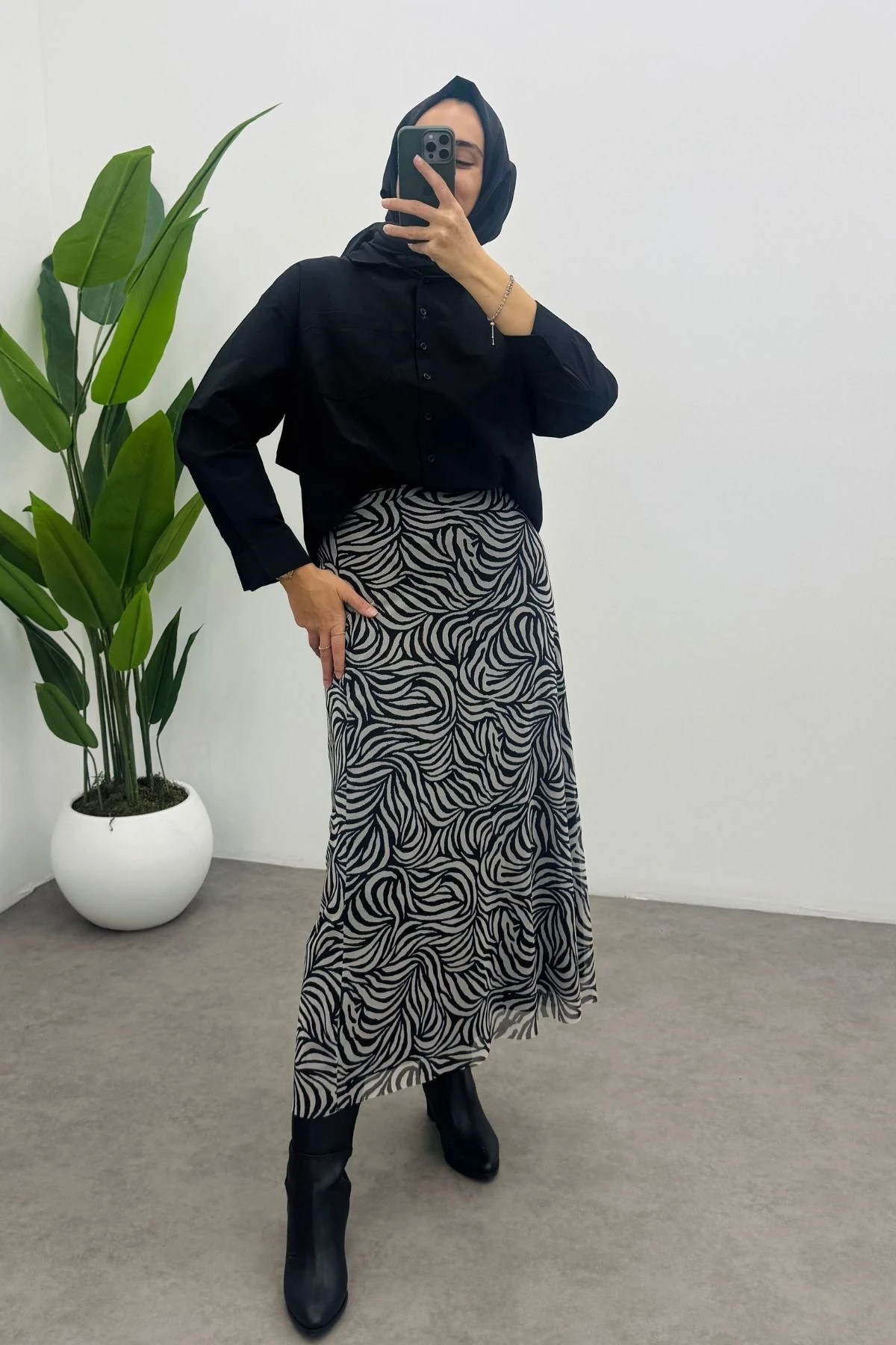 Siyah Beyaz Zebra Desenli Tül Etek