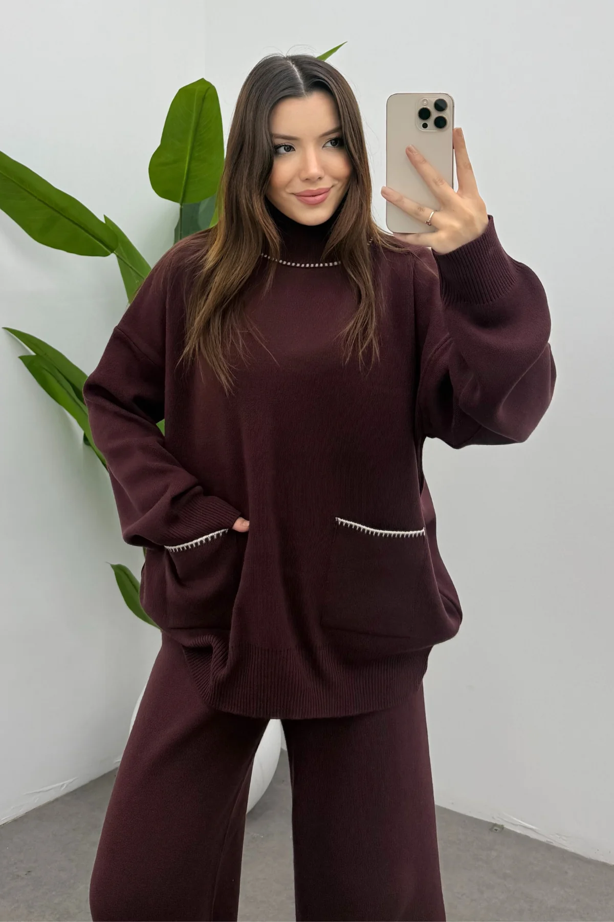 Balıkçı Yaka Kazak Pantolon Triko Takım- Bordo