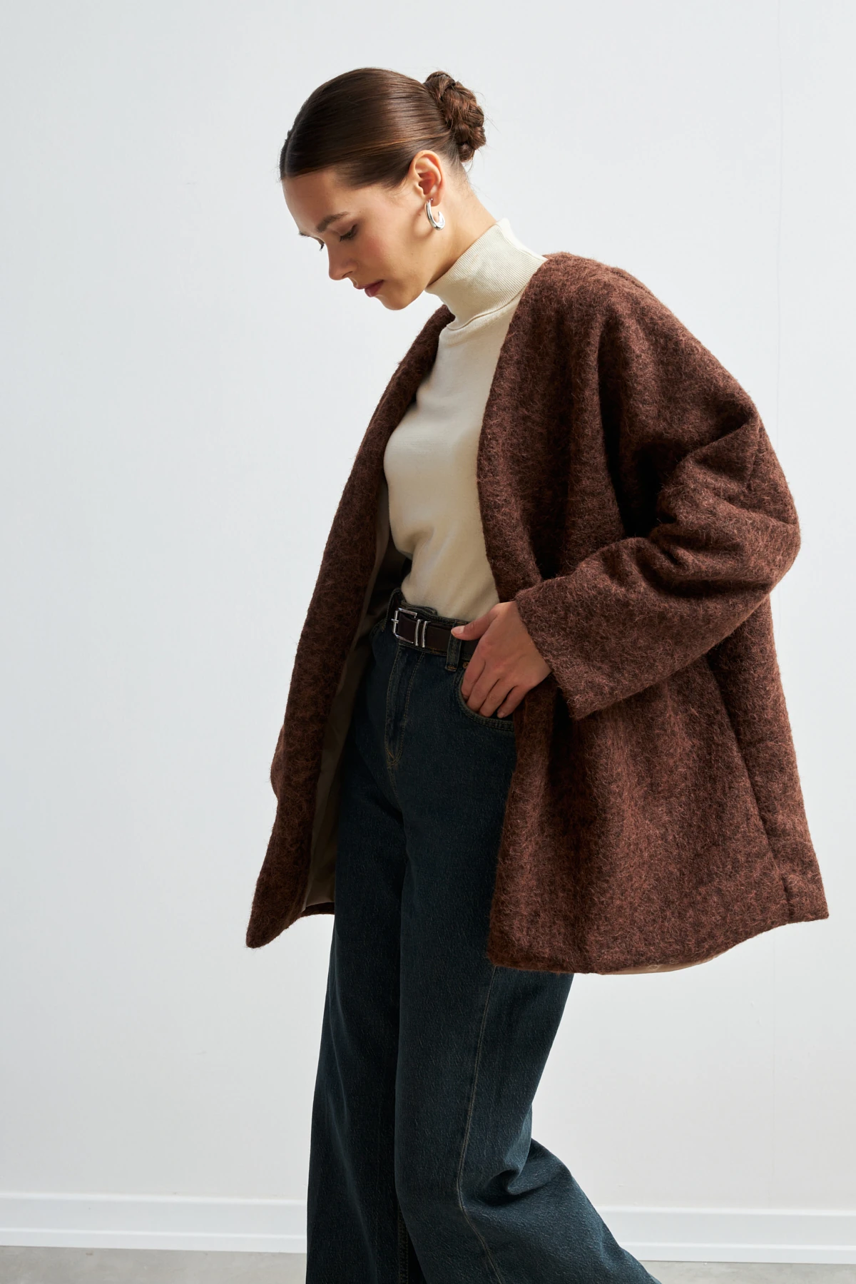 Kemerli Kaşe Ceket- KAHVE