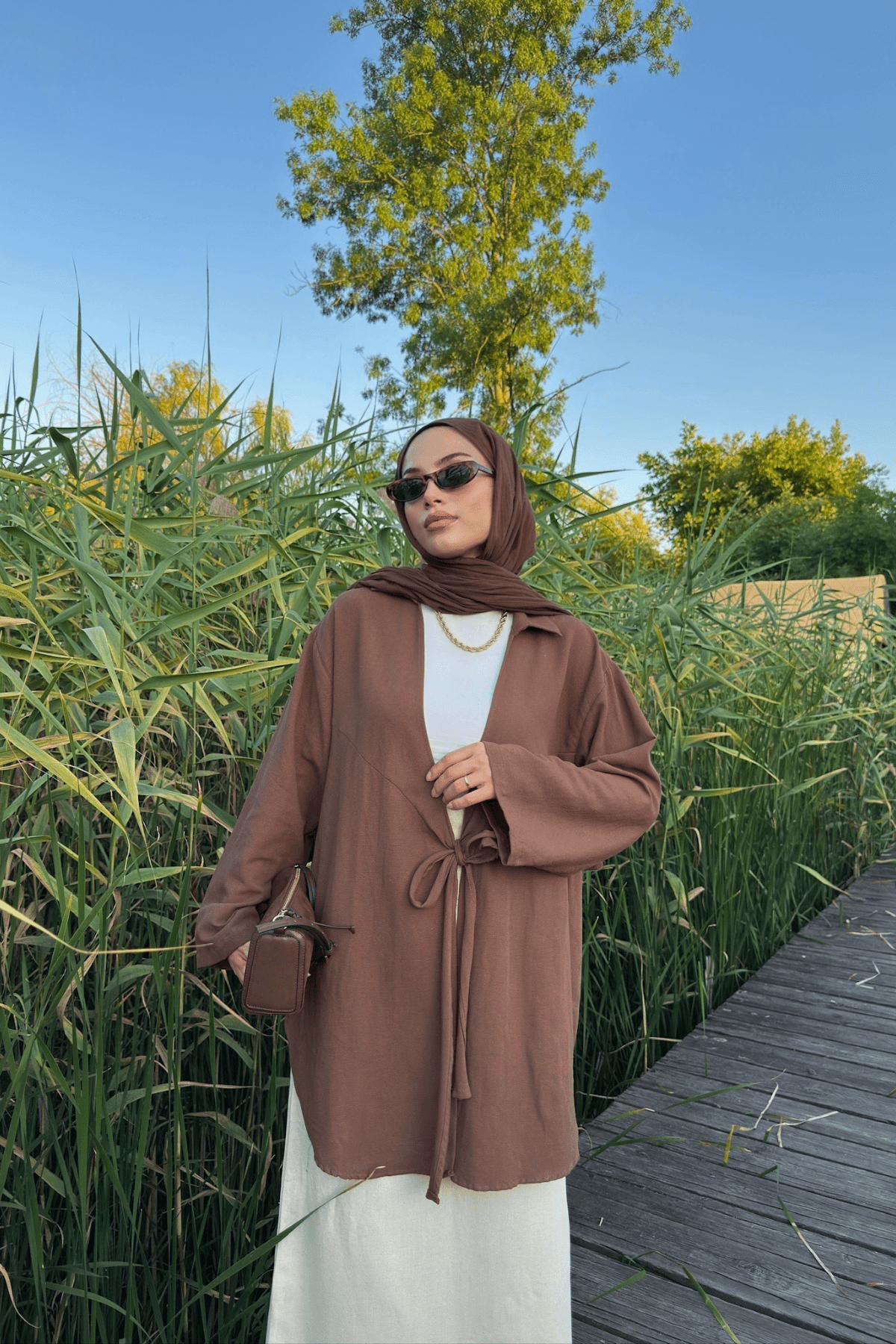 Acı Kahve Bağlama Detaylı Flam Keten Kimono