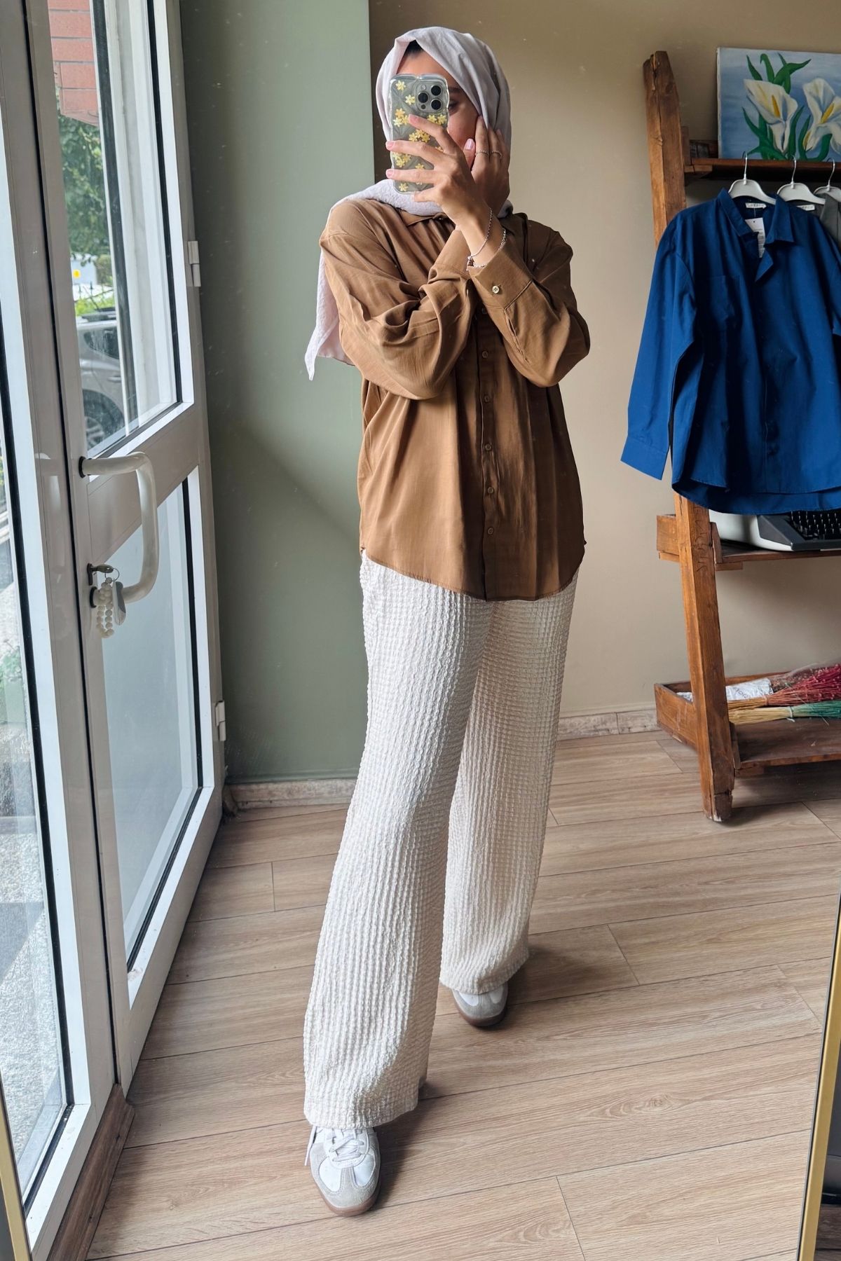 Krem  Yüksek Bel Likralı Bubble Pantolon