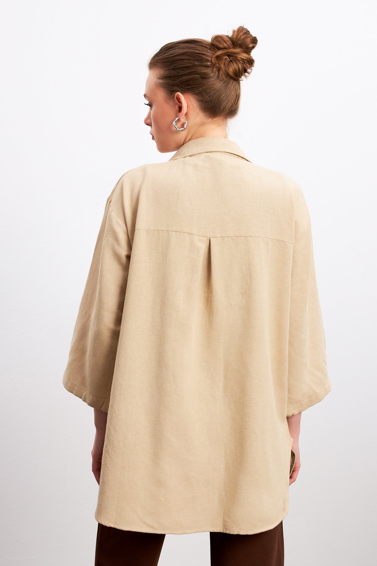 Krem Bağlama Detaylı Flam Keten Kimono