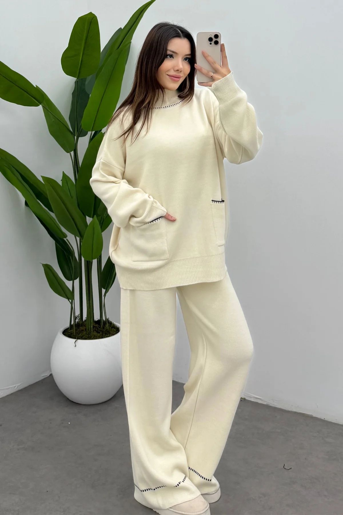 Balıkçı Yaka Kazak Pantolon Triko Takım- Ebru