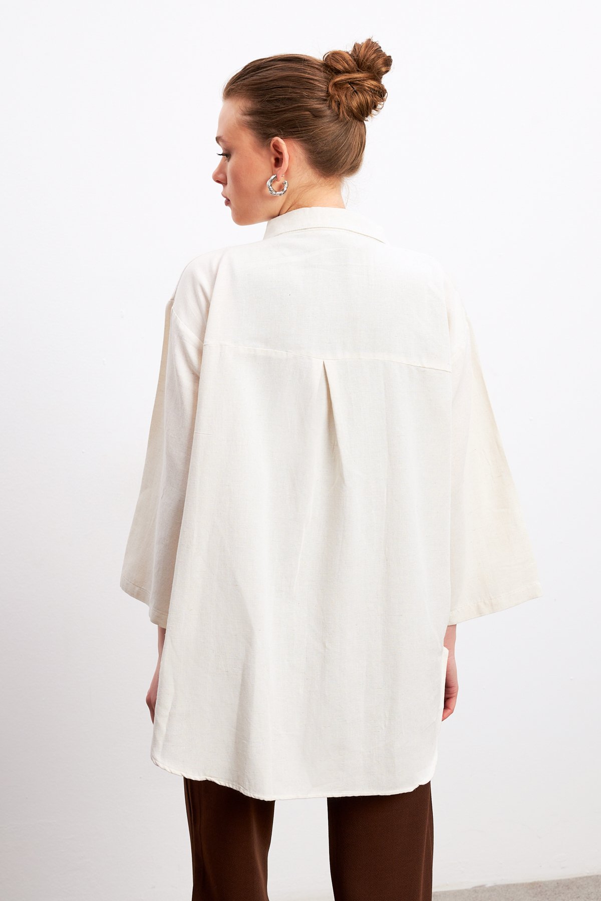 Ekru Bağlama Detaylı Flam Keten Kimono