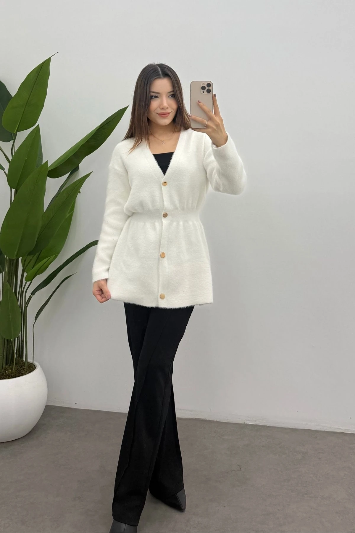 Gold Düğmeli Soft Hırka-EKRU