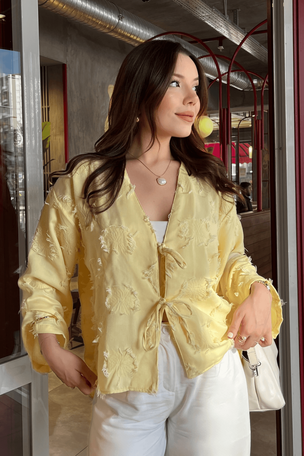Püskül Detaylı Butter Yellow Kimono Gömlek