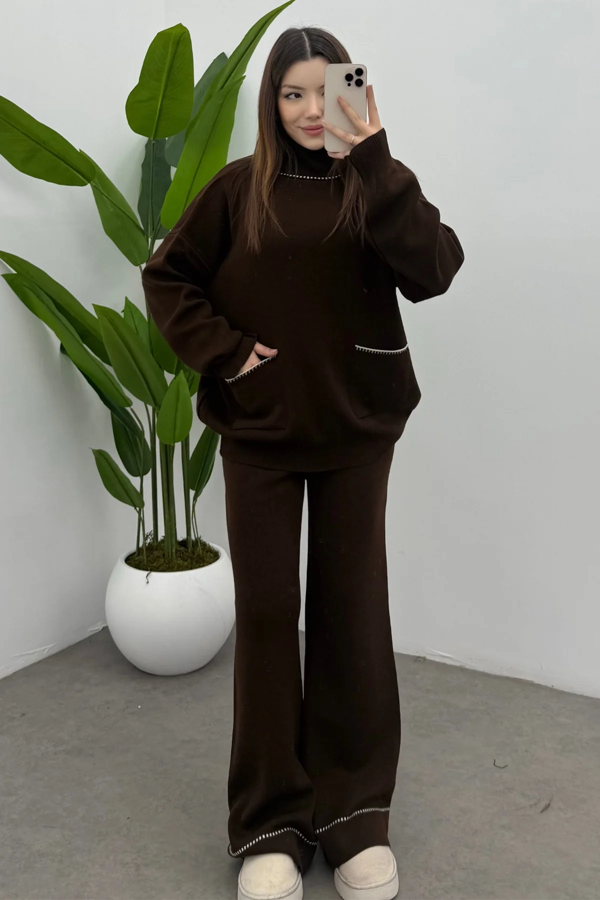 Balıkçı Yaka Kazak Pantolon Triko Takım- Kahverengi