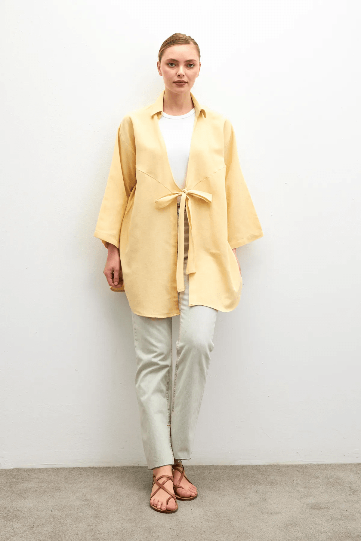Pastel Sarı Bağlama Detaylı Flam Keten Kimono